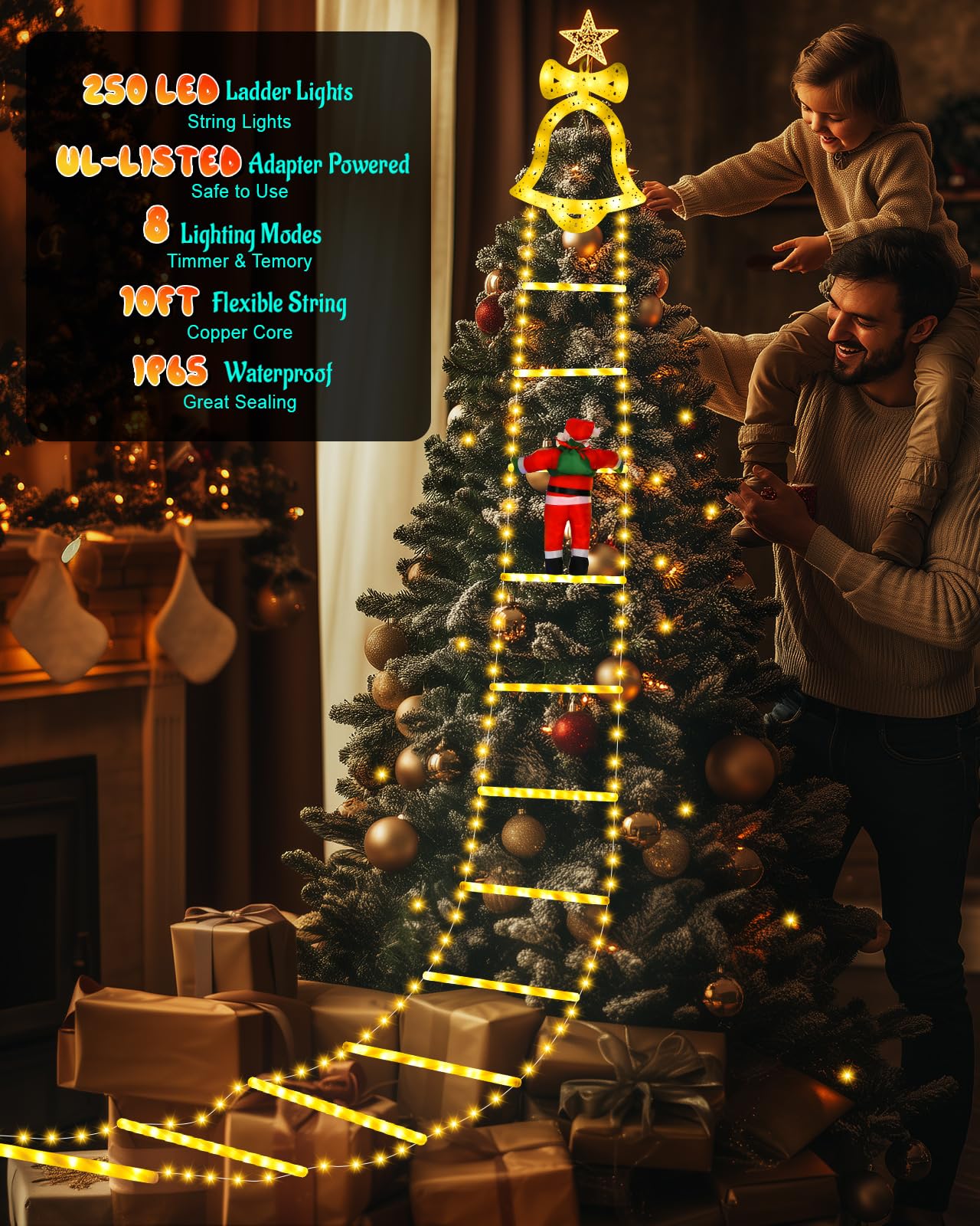 Christmas Decorations Led Ladder Lights, 10Ft Decorative Light With Climbing Santa Claus, 8 Modes Xmas Giant Lights For Tree Ind