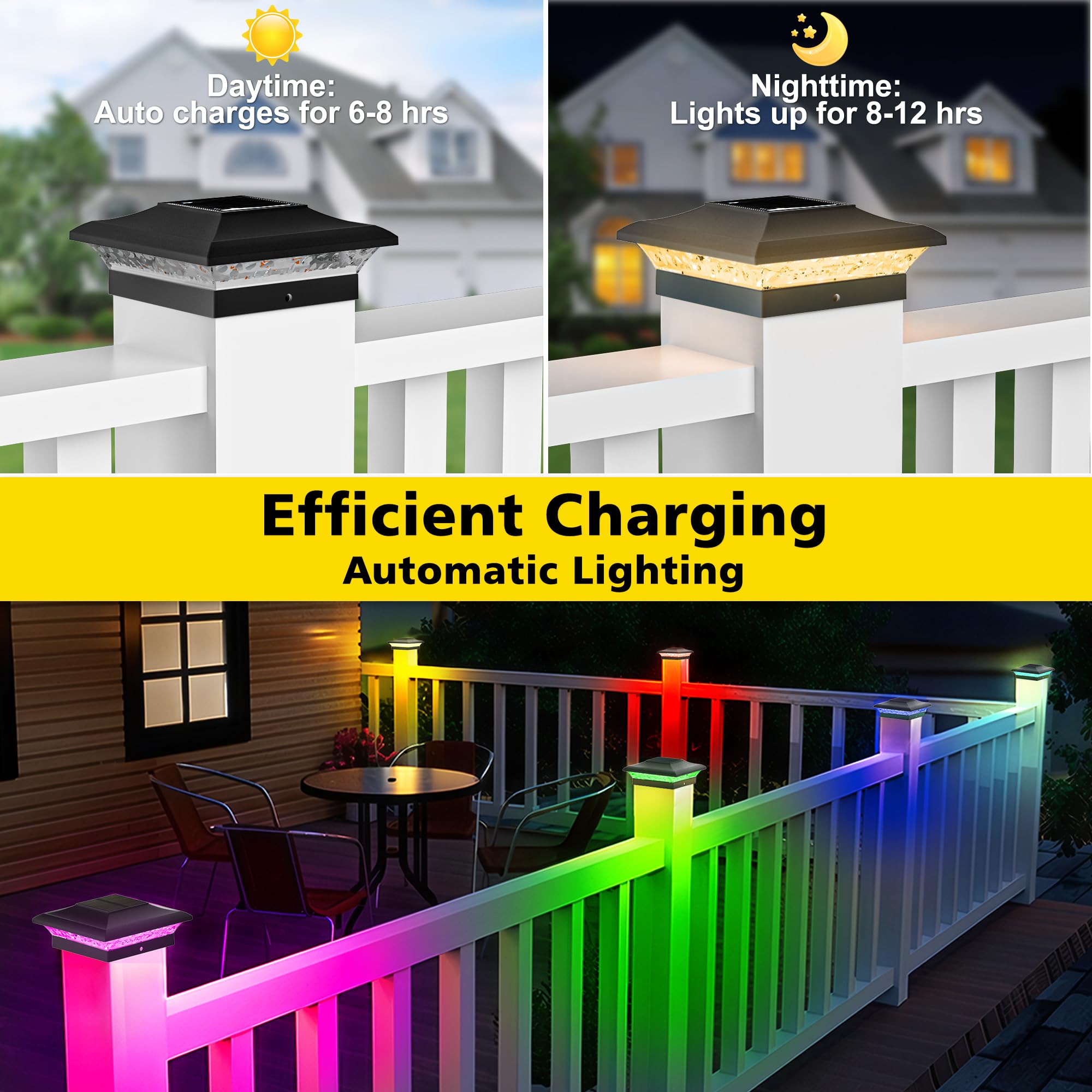 T-SUN Solar Post Cap Lights with Auto-Change Colors- for Vinyl & Wooden Posts IP65 Weatherproof Outdoor Solar Fence Post Lights