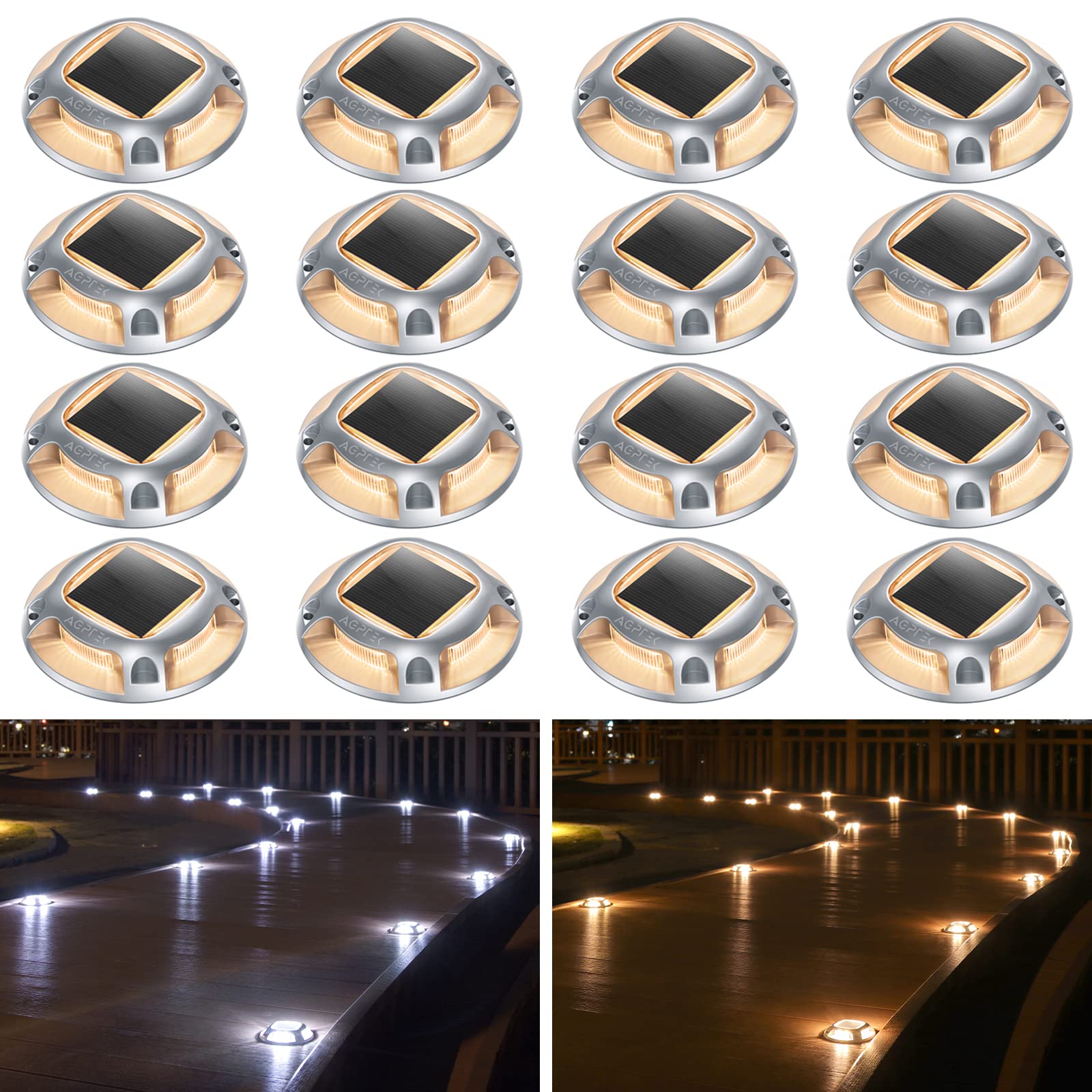 AGPTEK Solar Driveway Lights Outdoor 16 Pack, 2 Color Modes LED Deck Dock Marine Waterproof Driveway Marker Lights for Step Side