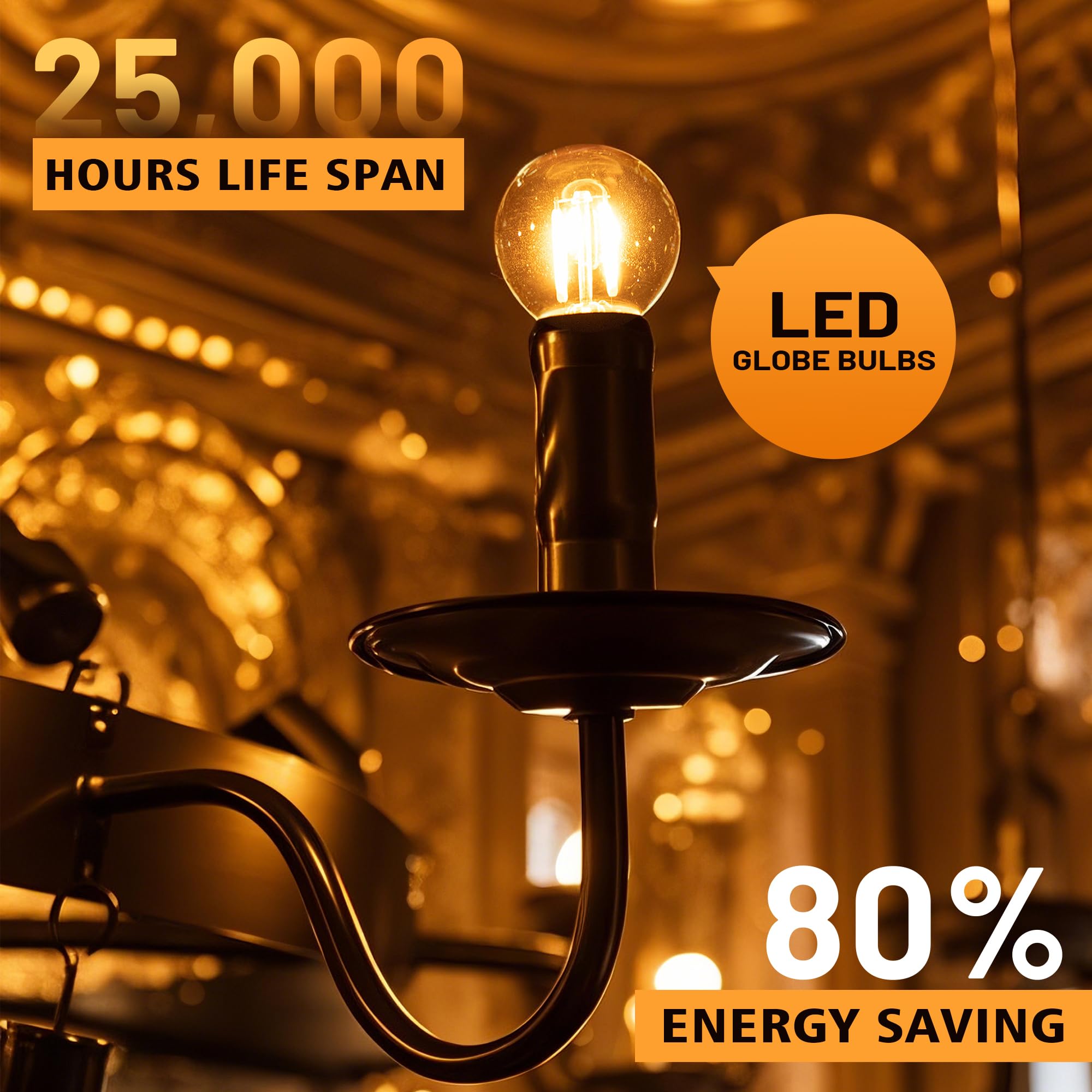 25Pack G40 Amber Glass Led Replacement Bulbs, 1.5W Equivalent 15W E12 Screw Base Shatterproof Globe Light Bulb For Indoor & Outd