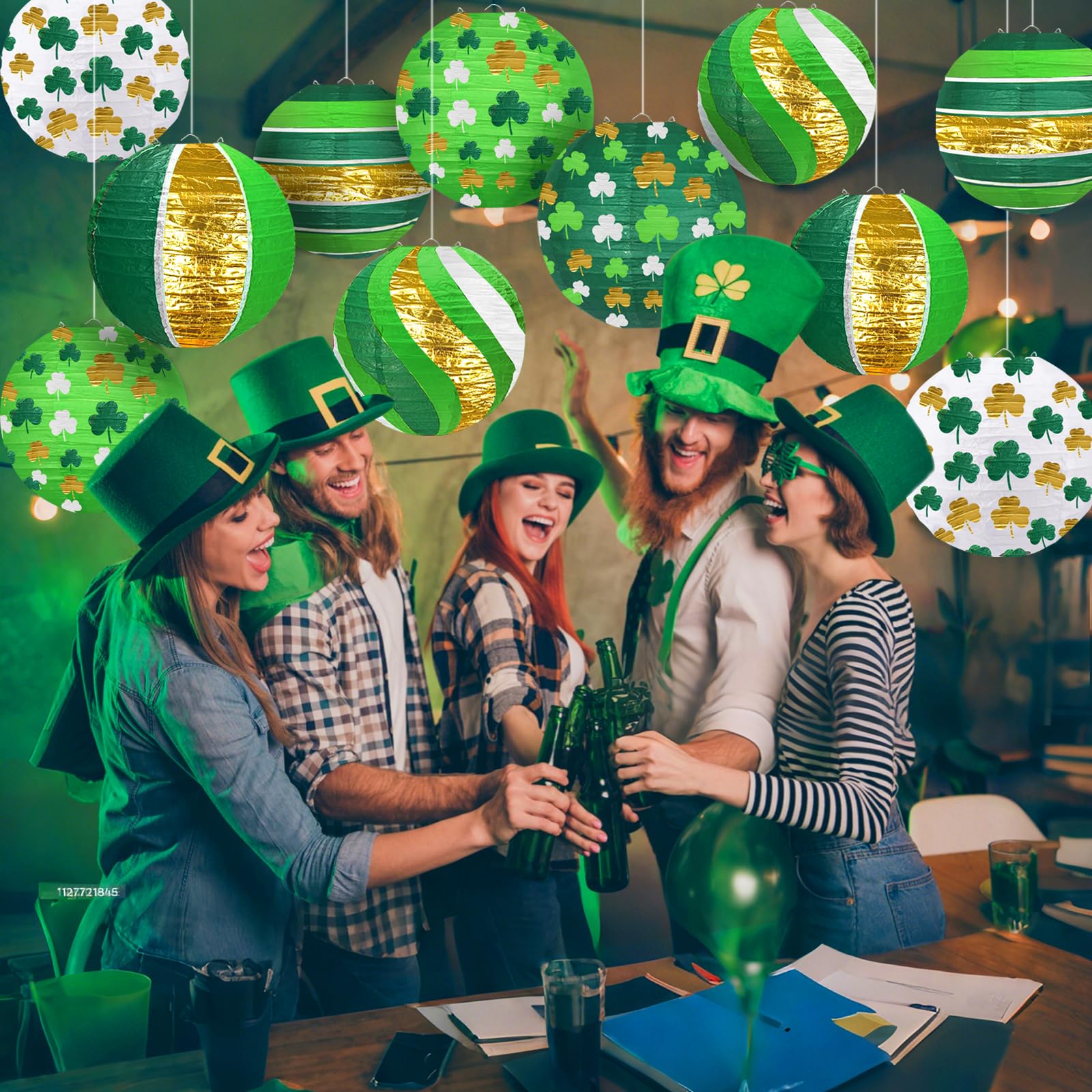 Adlkgg St Patrick'S Day Paper Lanterns Party Decorations, Green Four-Leaf Clover Printed Hanging Round Paper Lanterns For Irish