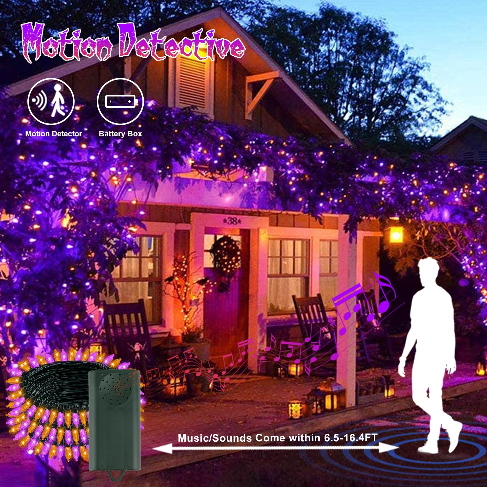 Tcamp Halloween String Lights, 33FT 100 LED, Motion Activated, Orange Purple, Model QL300AE, Music Sync, 6 Lighting Modes