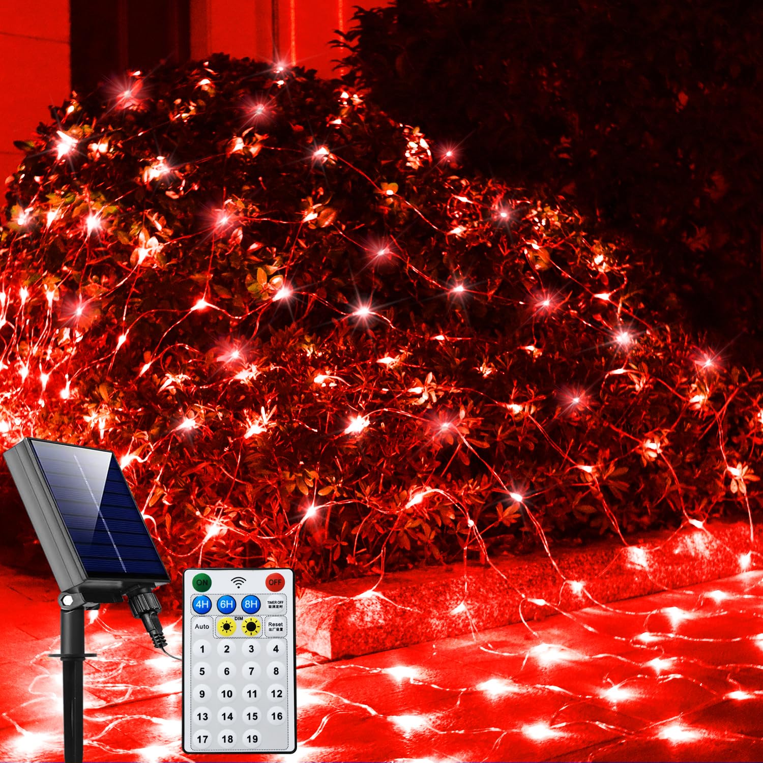 Curyidy Solar Net Lights Outdoor Mesh Lights Red, 200 LED Net Lights Christmas, Waterproof 19 Modes Timer Tree Wrap Lights for F