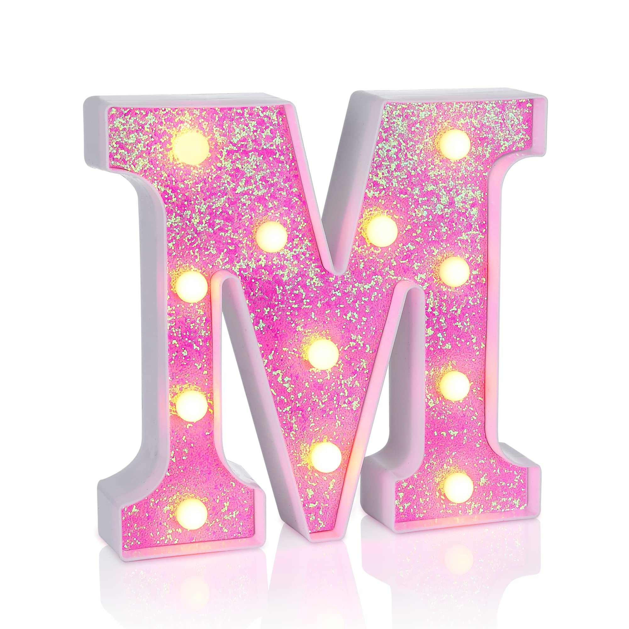 Foaky LED Letter Lights Sign Light Up Pink Letters Glitter Alphabet Letter Sign for Night Light Wedding/Birthday Party Battery Powered Christmas Lamp Girls Gifts Home Bar Decoration(M)