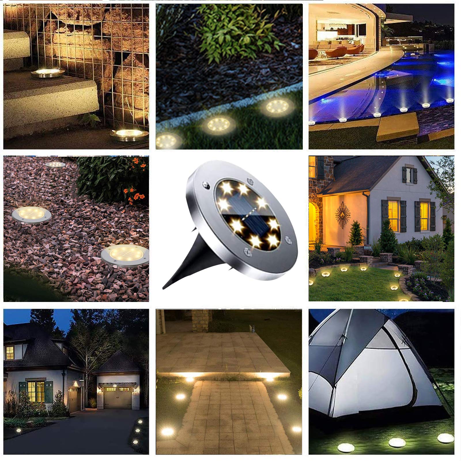 Rayolon Solar Ground Lights - Waterproof Stainless Steel Landscape Lighting, 8 Pack, Warm Light For Pathway, Yard, Deck, Lawn, Patio
