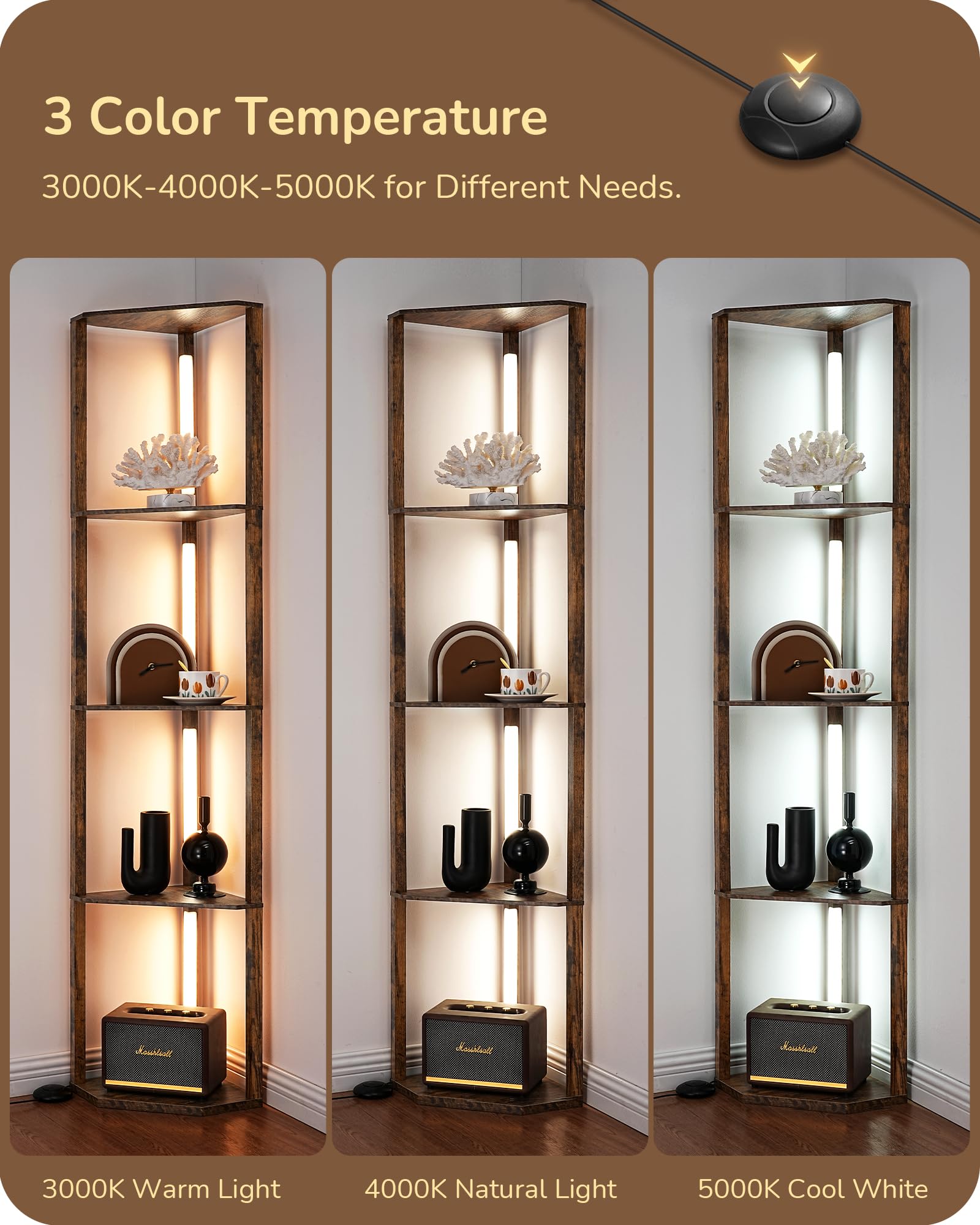 EDISHINE 64in Corner Shelf Floor Lamp, Modern LED Light, 3CCT Stepless Dimmable, Burlywood, Model HFLHA1A