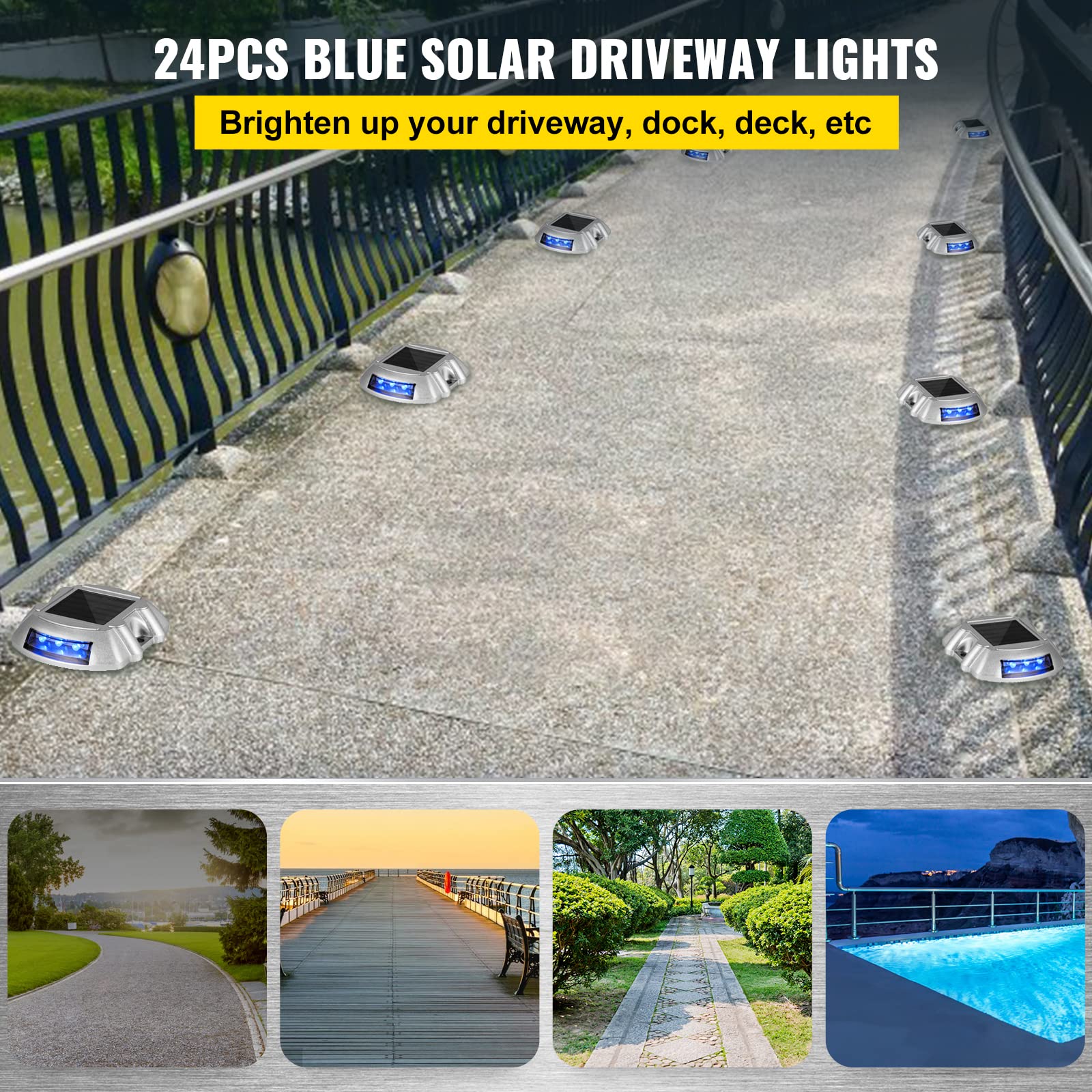 VEVOR Driveway Lights, Solar Deck Lights Waterproof, 24-Pack, Blue, 6 LEDs for Path Warning, Model: Driveway Lights 24