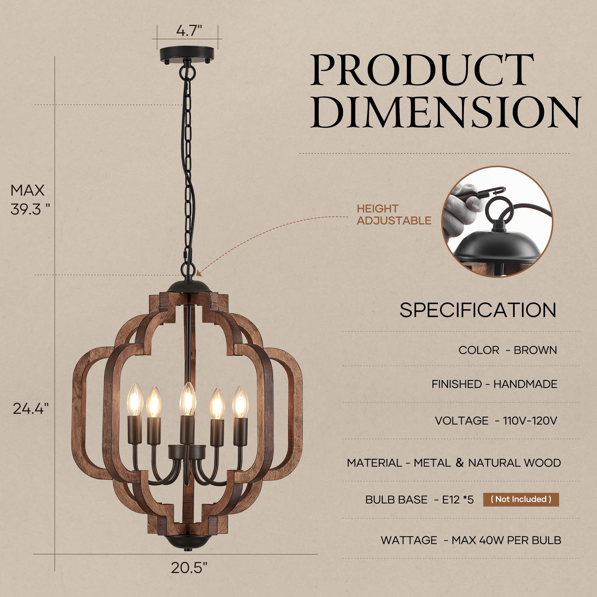 Lighceac 20.5'' Farmhouse Vintage Chandelier 5-Light For Dining Room Rustic Handmade Wood Hanging Ceiling Pendant Light Fixture