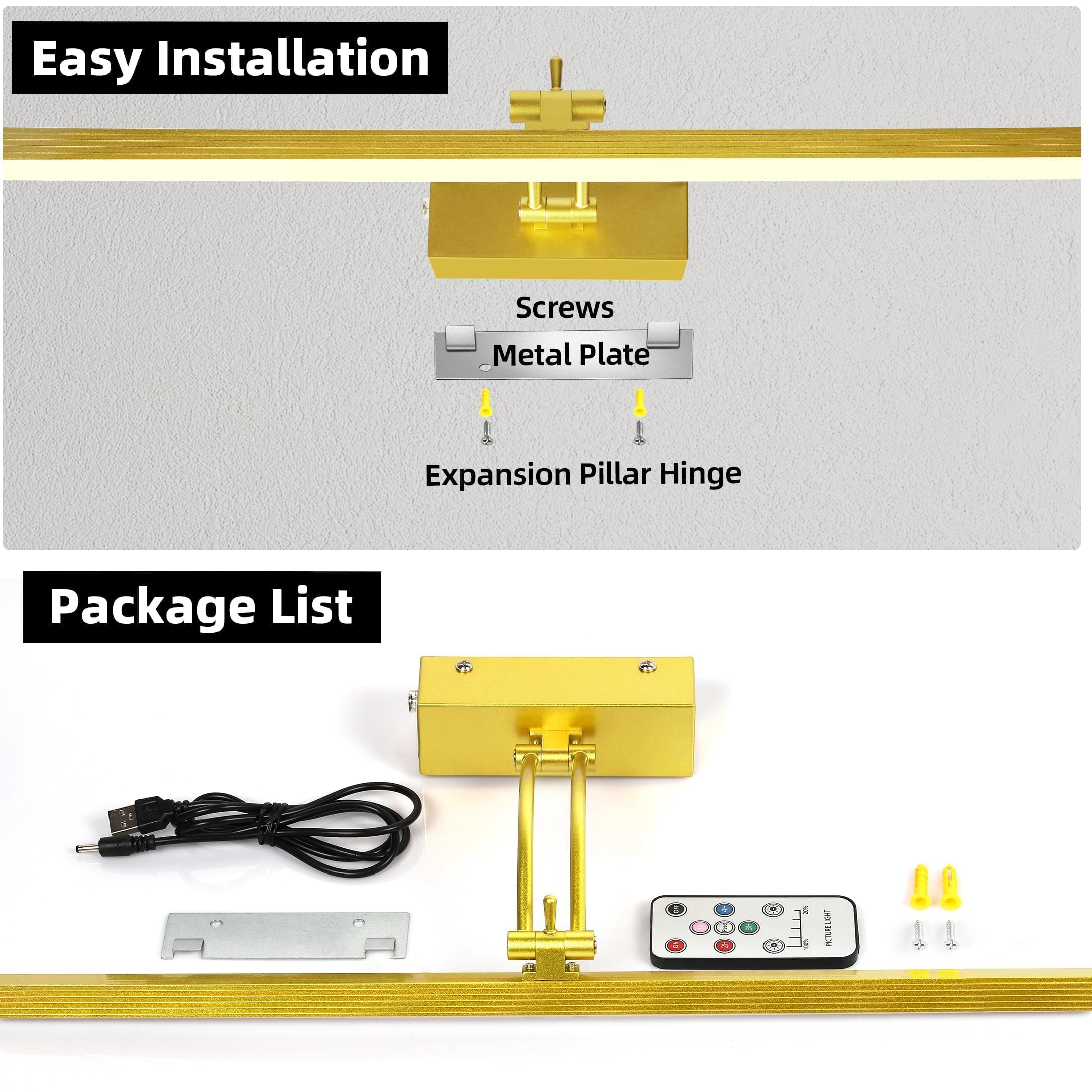JNGMAIR 4 Pack Picture Lights - 23in Gold Aluminum Art Lighting, Cordless, Rechargeable with Remote, Dimmable & Timer, Model JM-09ZHD-60-G