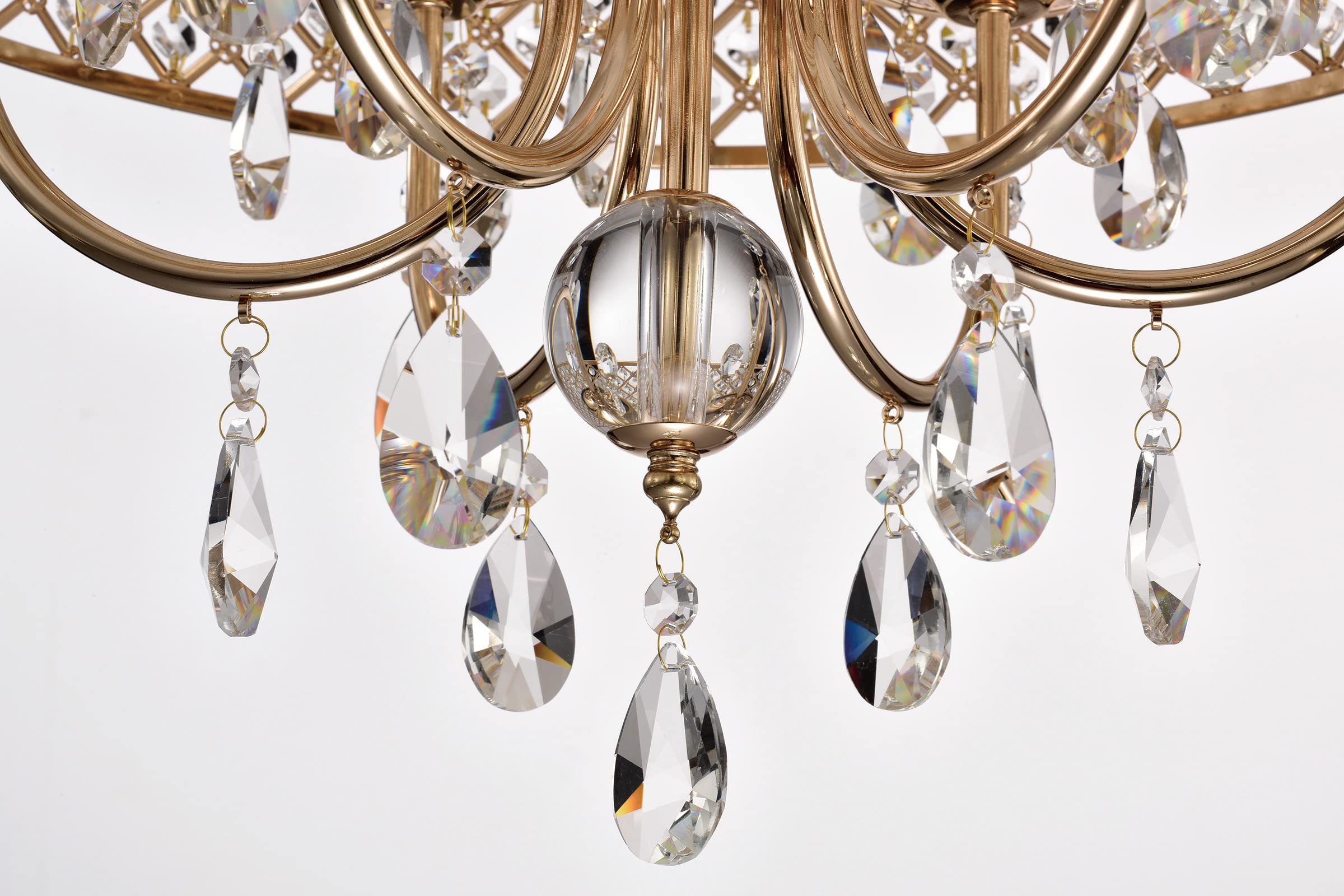 Edvivi 6-Light Drum Crystal Chandelier, Gold Finish With Hanging Tear Drop Crystals, Adjustable Lighting For Dining Room And Entryway