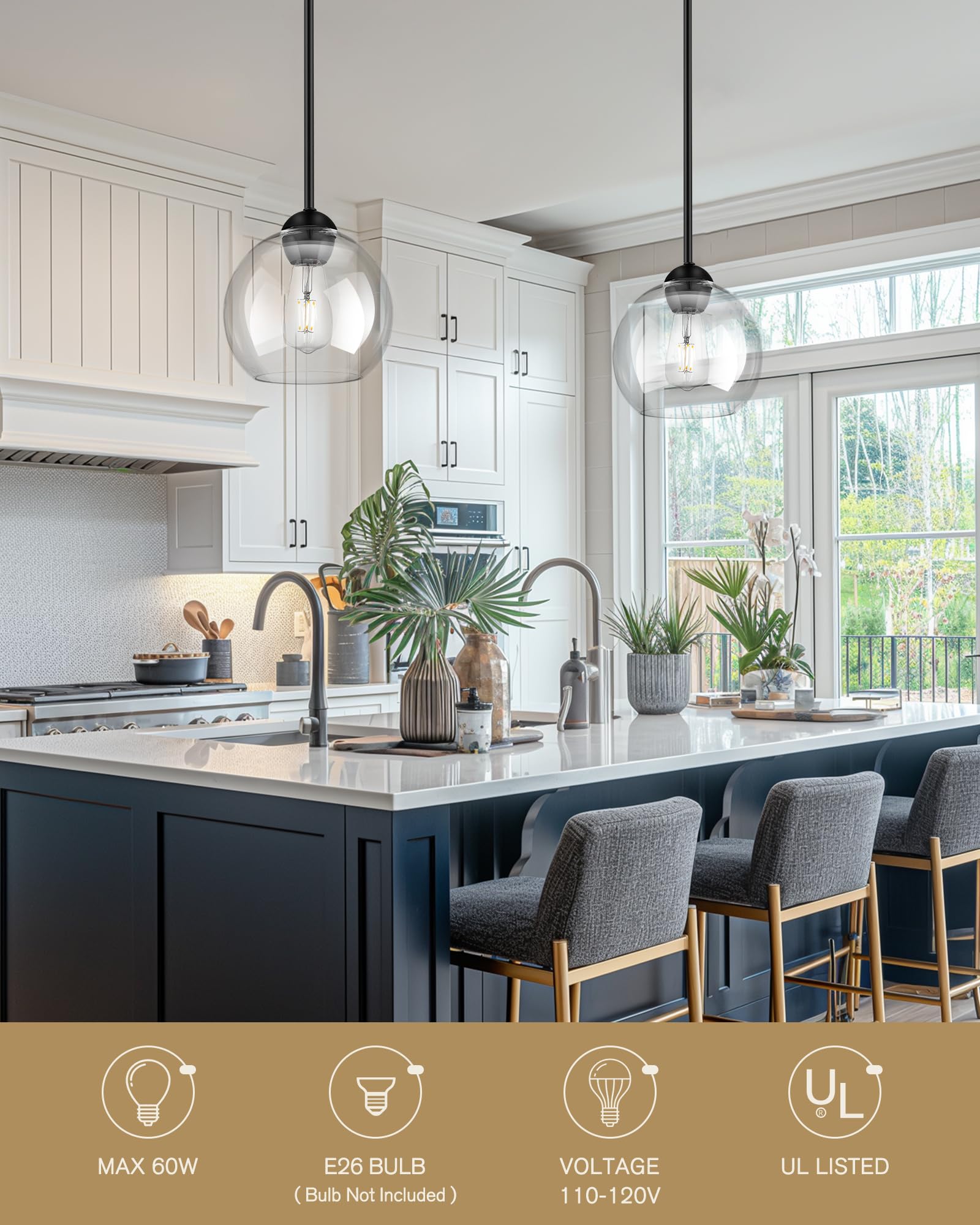 Emak 8 Inch Globe Pendant Lights Kitchen Island, Modern Black Pendant Light With Clear Glass Shade, 2 Pack Hanging Light Fixture