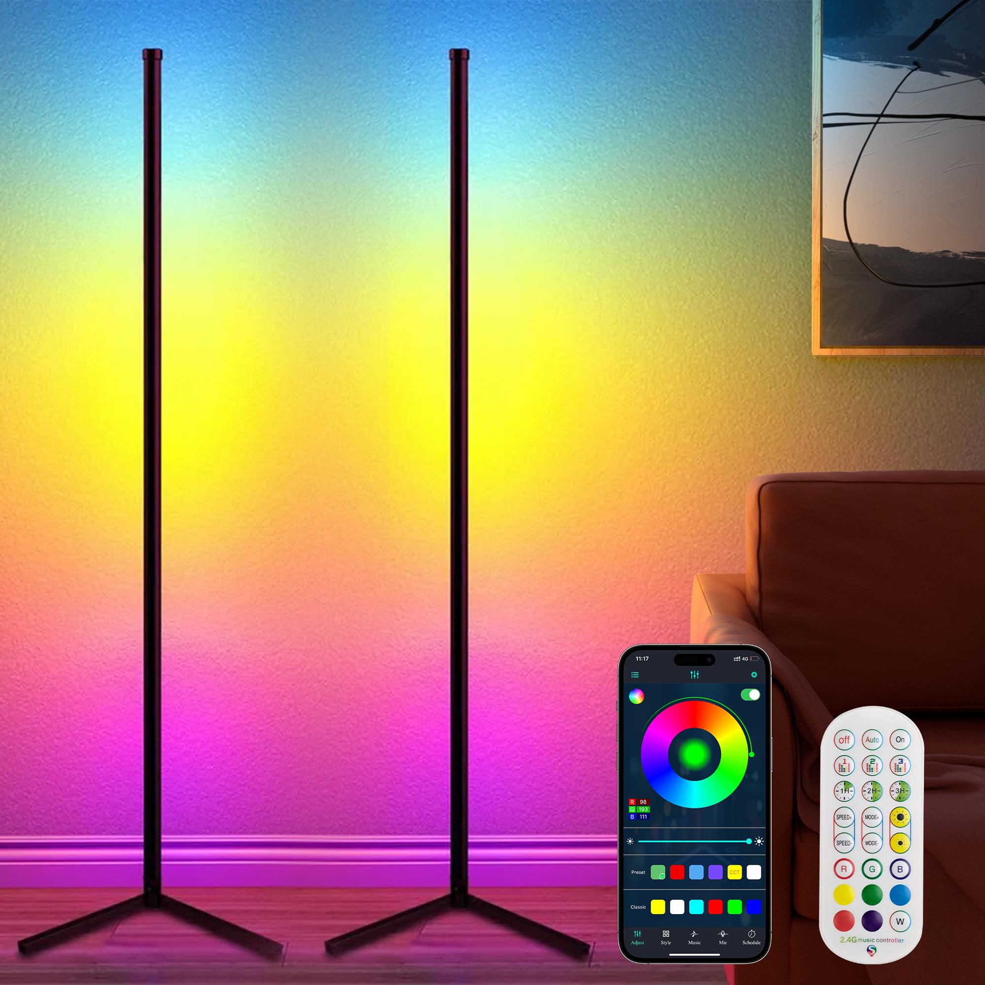 TJOY 2 Pack RGB Led Floor Lamps, Smart Corner Floor Light with APP&Remote, 16 Million Color Changing, Music sync, Modern Lamp fo