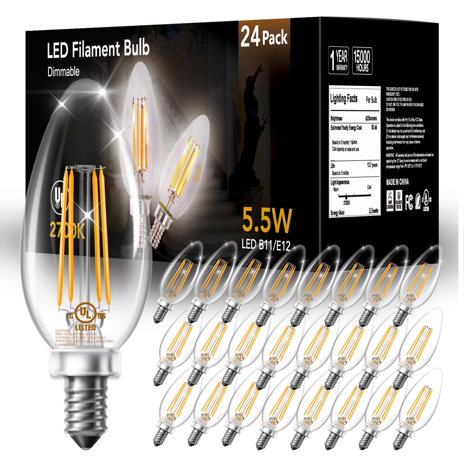 Daybetter B11 Chandelier Light, Dimmable E12 Led 60W Equivalent, Candelabra Bulbs, High Brightness 600 Lm Warm White 2700K, Fila