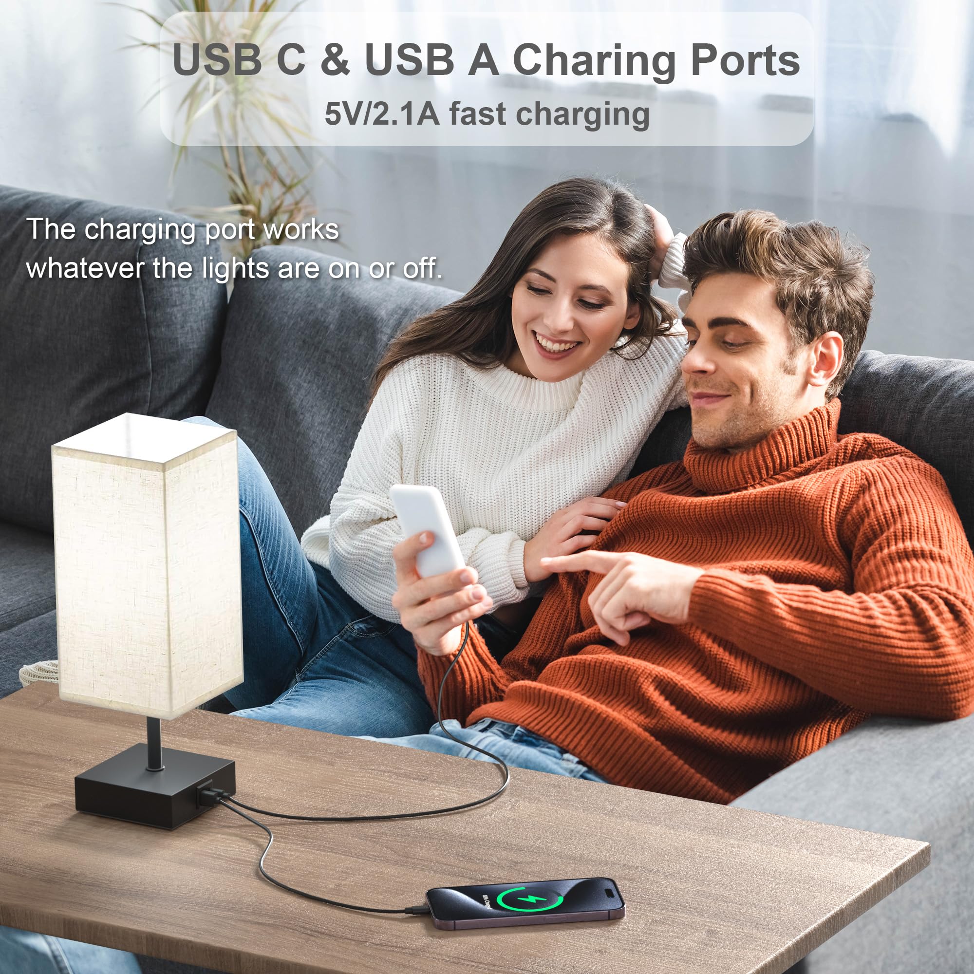 Hansang Table Lamps, Touch Lamp With Usb A Usb C Charging Port 3 Way Touch 5000K Led Bulb,Touch Lamps For Bedrooms, Reading Room
