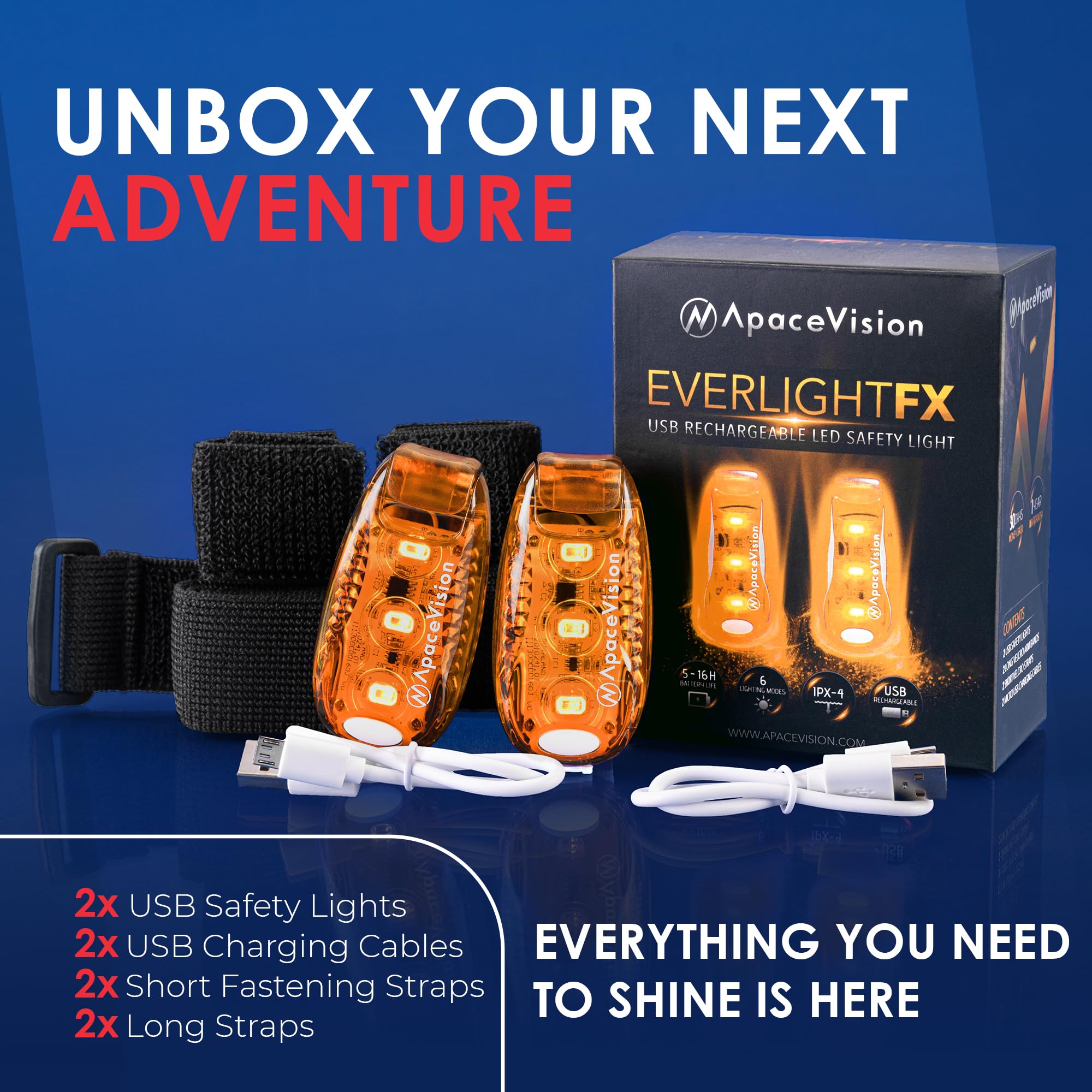 Apace EverLightFX USB Rechargeable LED Safety Light - Super Bright Orange Bike Tail Light, Perfect for Running, Jogging, and Pets (2 Pack)