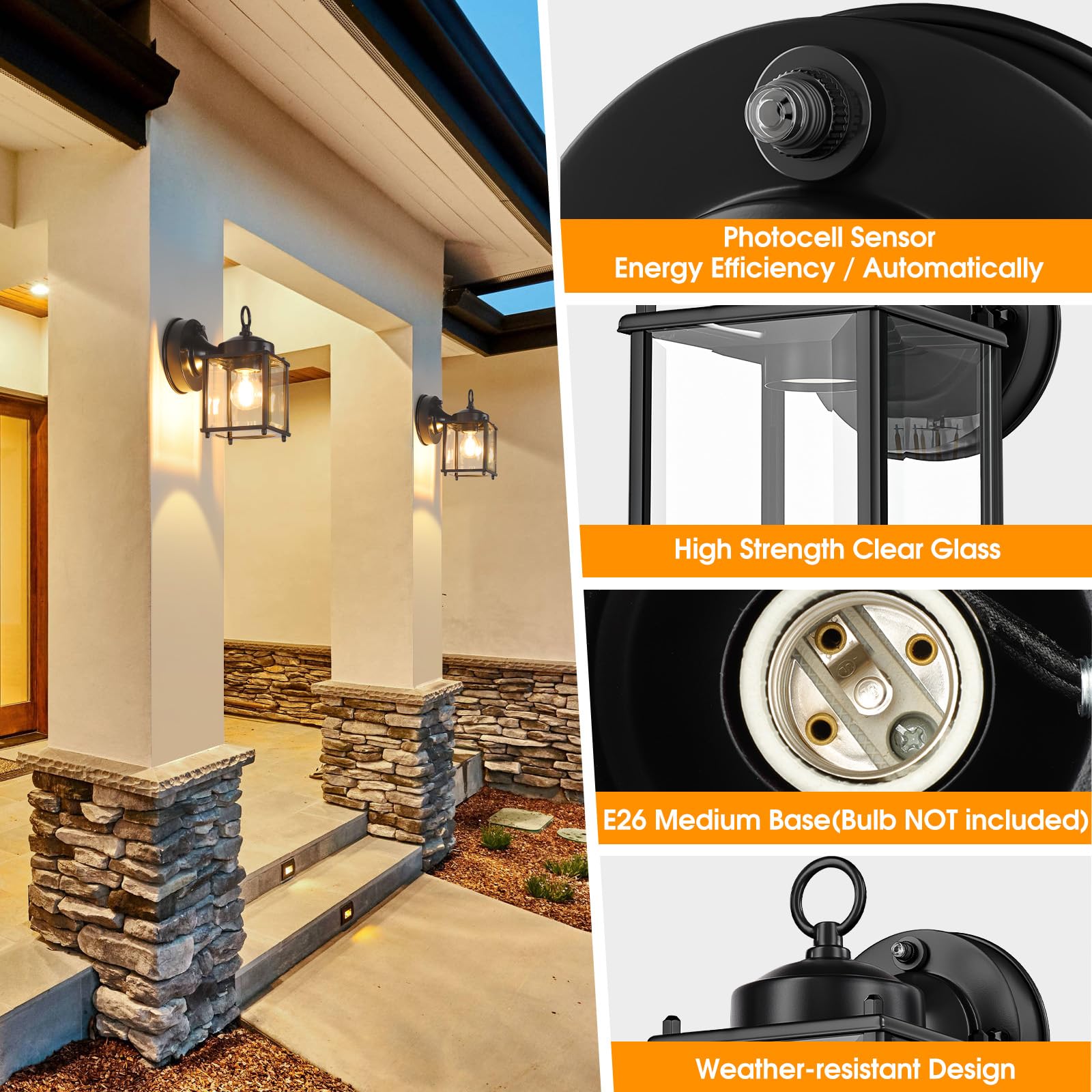 Matameye Dusk To Dawn Sensor Outdoor Wall Sconce, Exterior Waterproof Wall Mount Lanterns, Black Front Porch Lights With Clear B