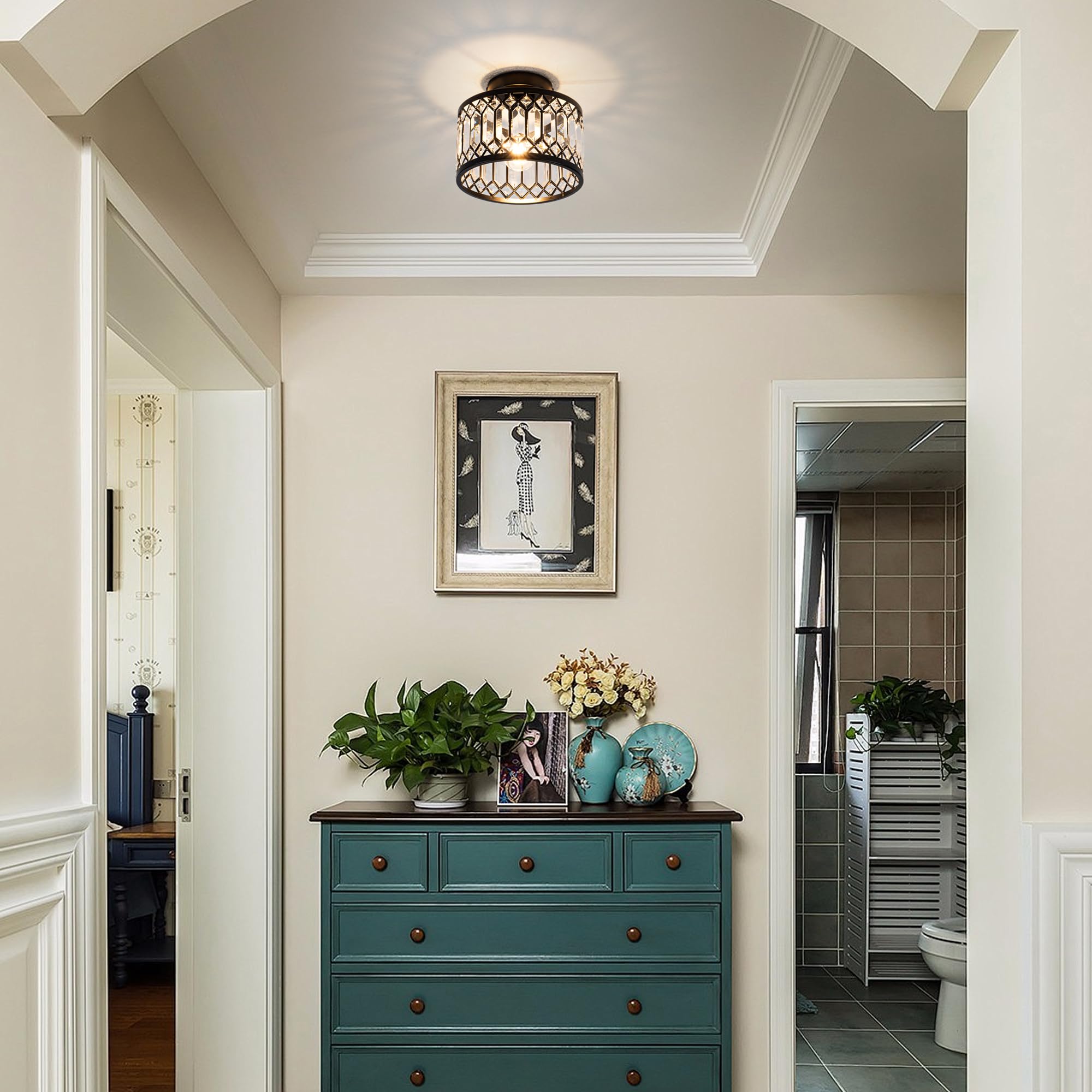 Rpzloila Crystal Ceiling Light Fixture, Modern Semi Flush Mount, Black, Model 8802-1X-BK, for Kitchen, Bedroom, Bathroom, Entryway