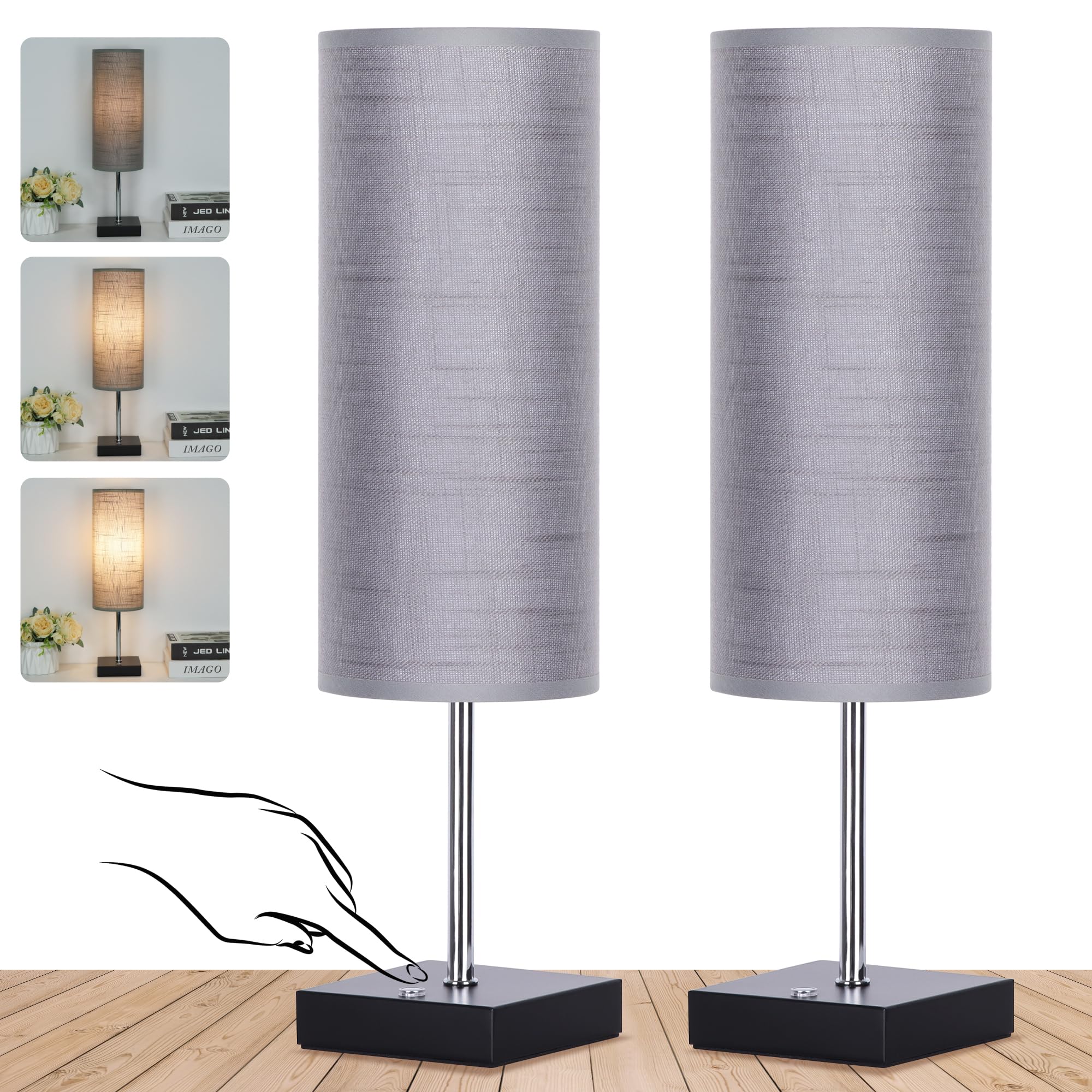 PLMMY 18-Inch Cordless Table Lamp, Rechargeable Touch Control, Dimmable, Gray Linen Fabric Shade, Battery Operated for Home and Office