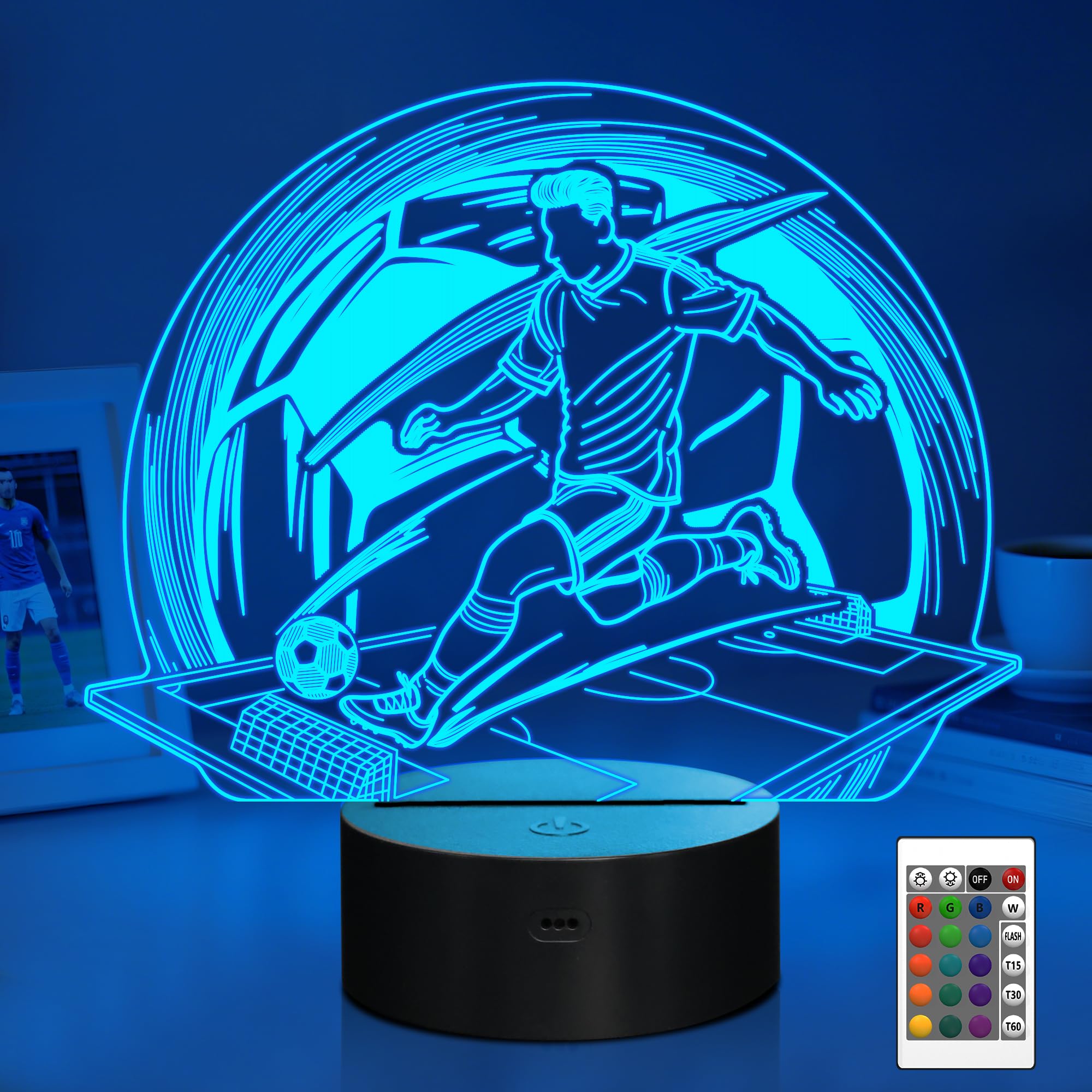Attivolife Soccer Kids Night Light  3D Optical Illusion Football Player Lamp with 16 Colors Changing Remote Control  Children Sports Theme Room Decor Birthday Christmas Gift for Sport Fan Boy Teen Men