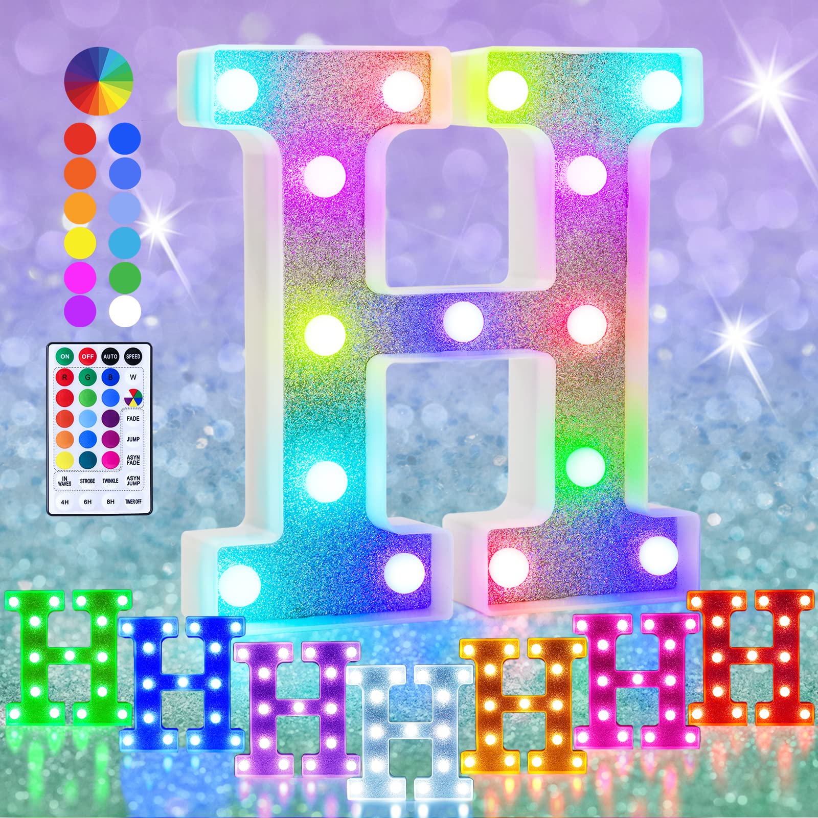 Pooqla LED Marquee Letter Lights, Colorful 18-Color Remote Control, Battery Powered, Glitter Silver for Party & Home Decor