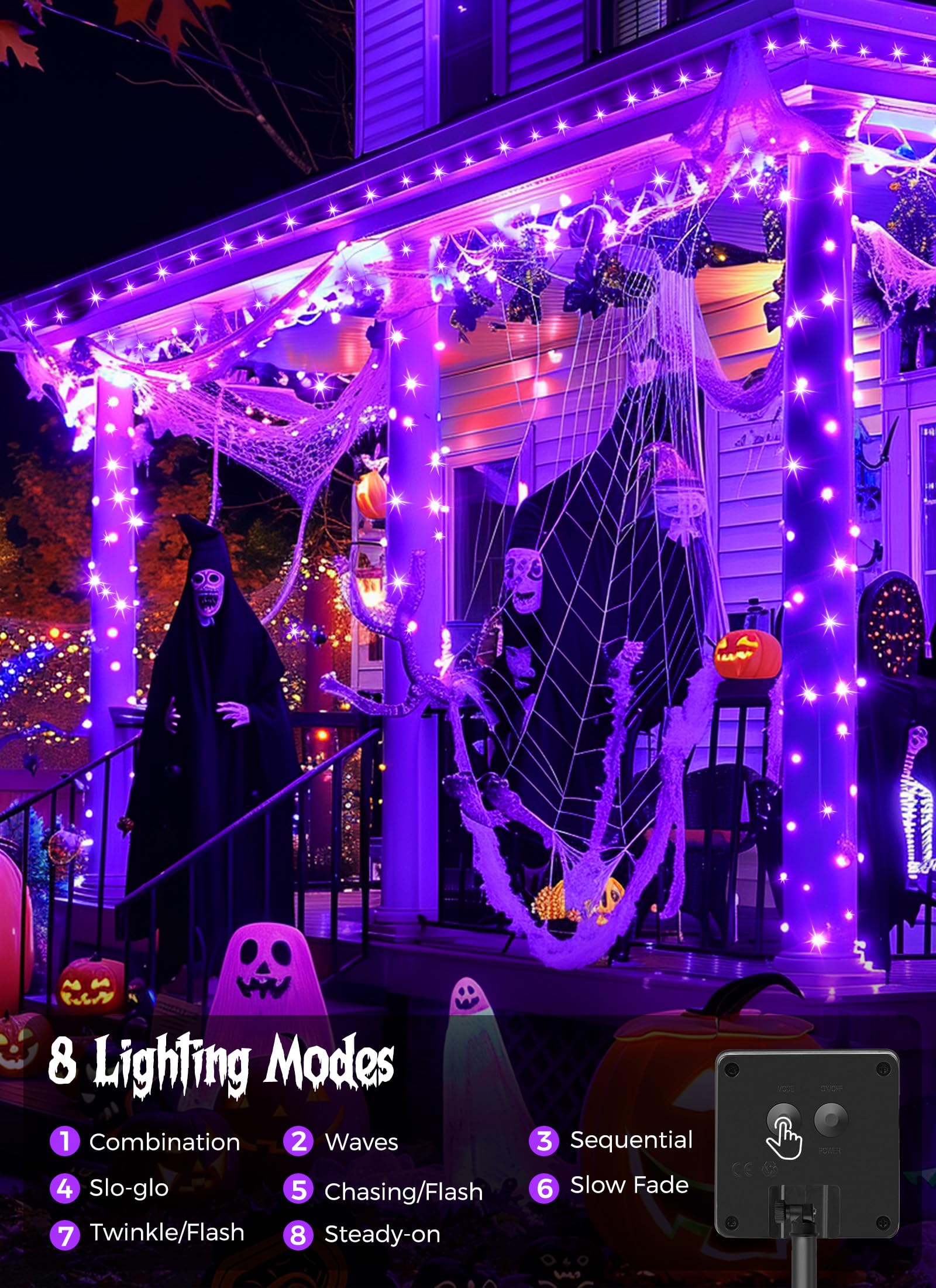 Minetom Solar Halloween Lights Outdoor - 4 Pack Total 160Ft 400 Led Halloween String Lights With 8 Lighting Modes, Ip65 Waterproof Solar String Lights For Outside Tree Party Decor, Purple