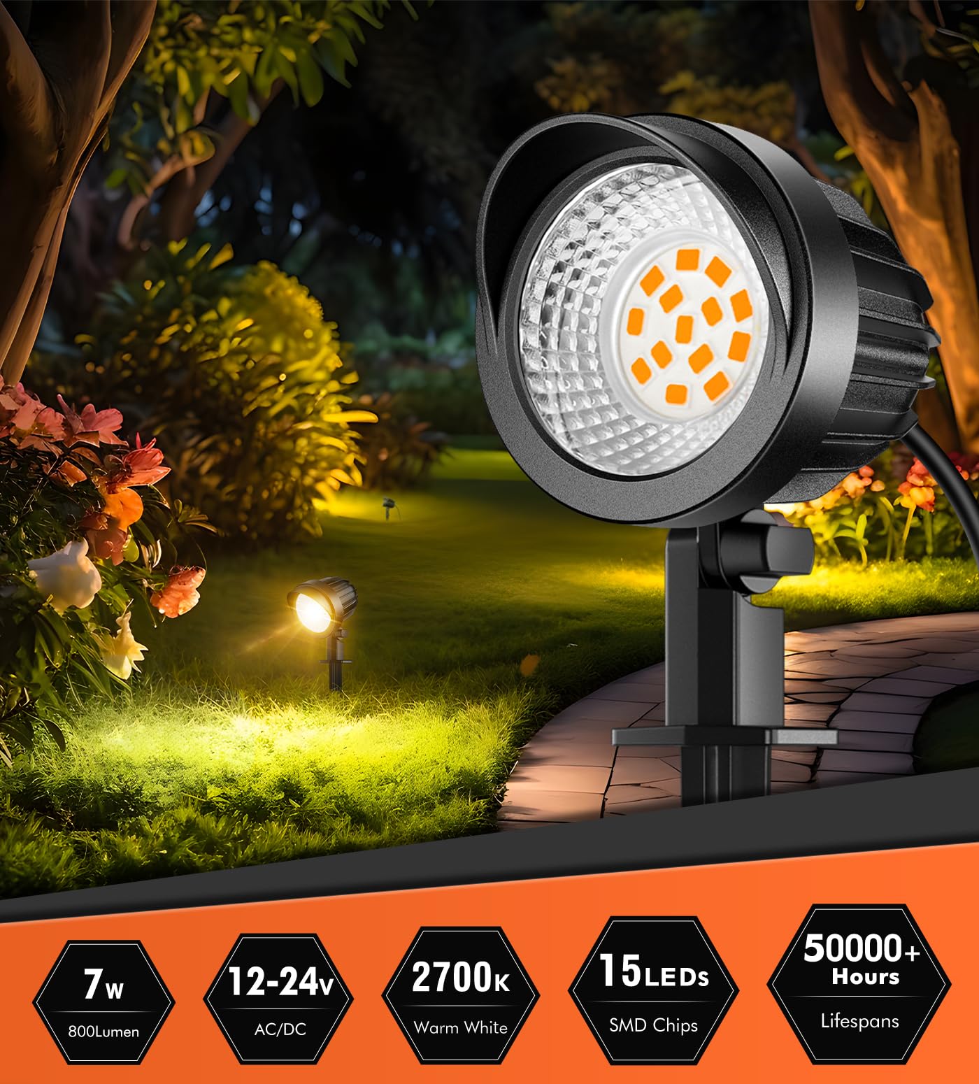 Meikee 7W Led Landscape Lights, 12V/24V Low Voltage Landscape Lighting With Connectors Ip66 Outdoor Spotlights Warm White Garden