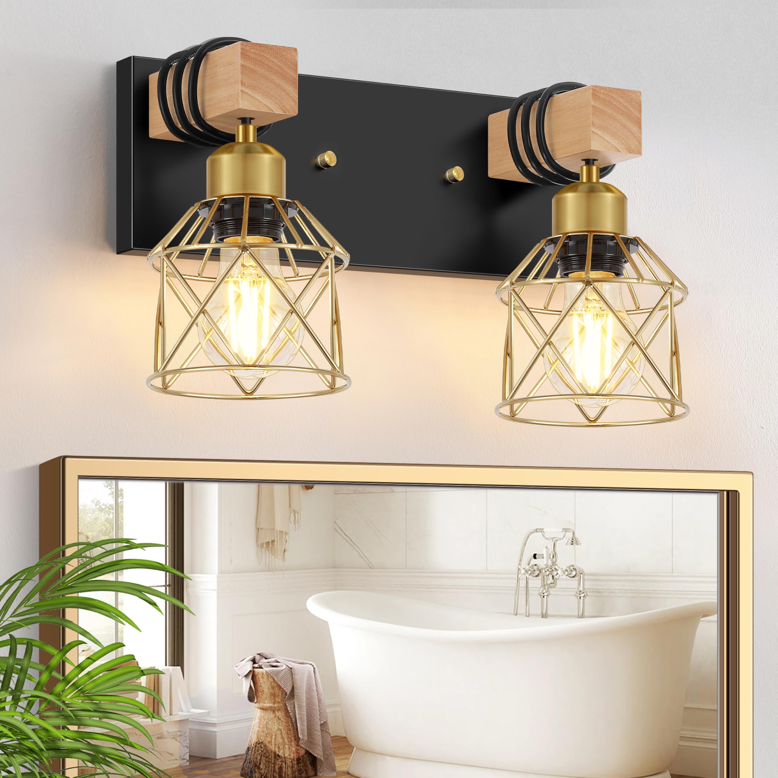 FadimiKoo Rustic Style Wood Bathroom Wall Sconces  2-Light Black Gold Bathroom Vanity Light Fixtures with Metal Shade  Light Fixtures Wall Mount for Living Room  Hallway  Dressing Table