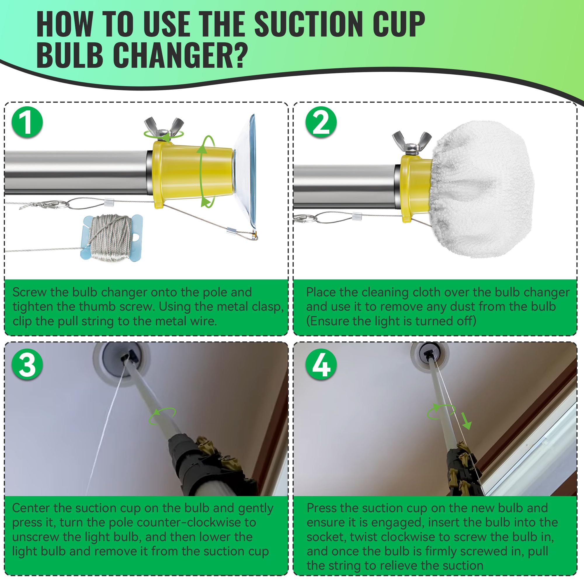 Dreyoo 4 Pieces Set Light Bulb Changer  Suction Cup And Cage Changer For Incandescent  Floodlight  Broken Bulb And Recessed Lights  Compatible With Standard Extension Pole  Pole Not Included (Yellow)
