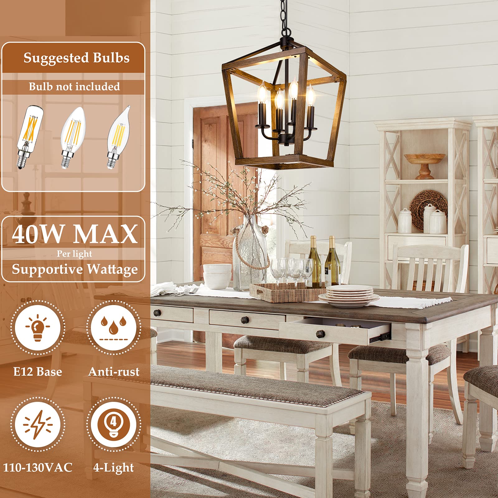 BrightHome Farmhouse Chandelier, 4-Light Pendant Ceiling Light, Height Adjustable, Wood Finish, Metal, Model D3560-04-WDBK
