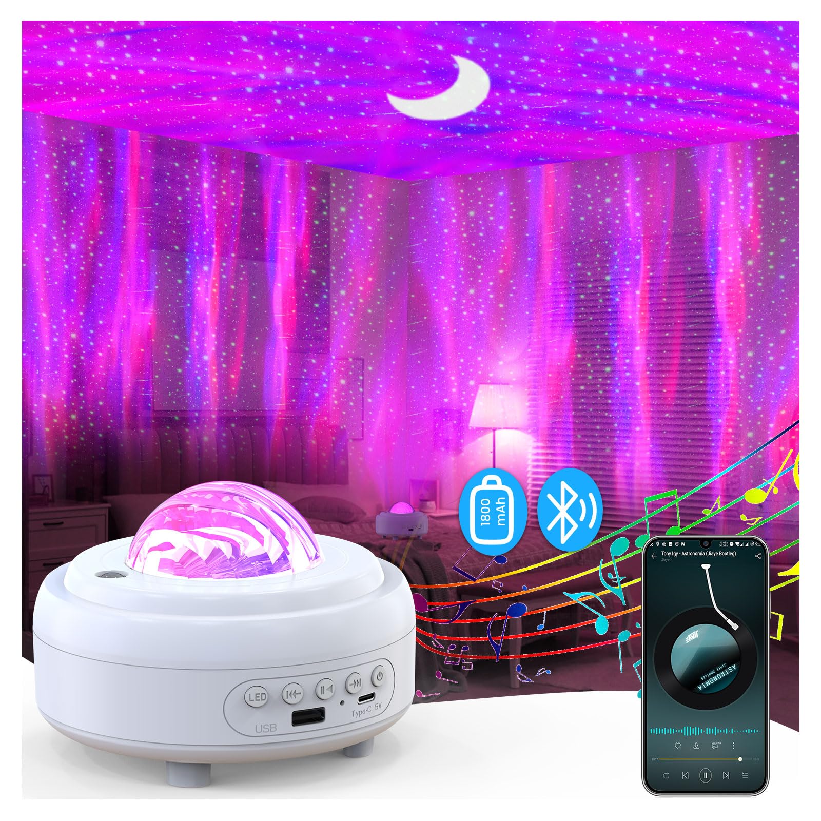 HUMIIEYE Star Projector with Bluetooth Speaker, 1800mAh Battery Operated Night Light Galaxy Projector, Northern Lights Aurora Pr
