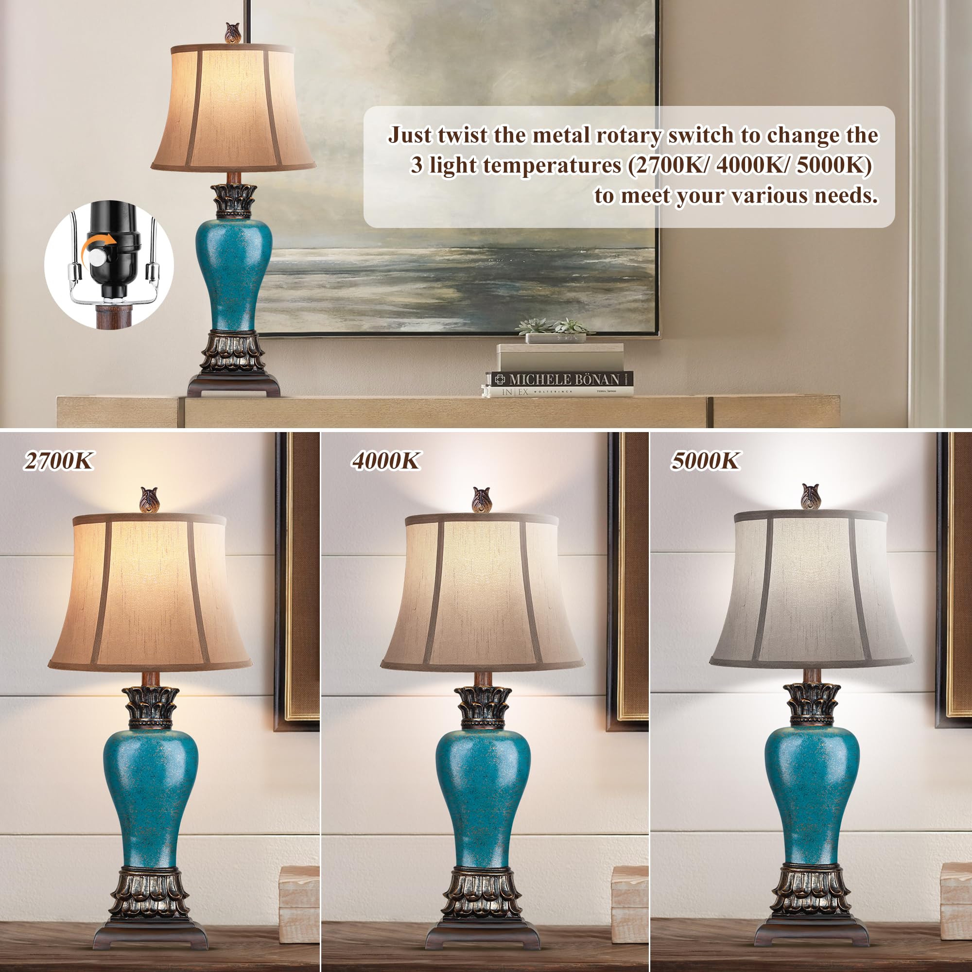 Hamucd 29'' Set Of 2 Farmhouse Rustic Table Lamps For Living Room,3-Color Temperature Dimmable Blue Southwest Bedroom Lamps For