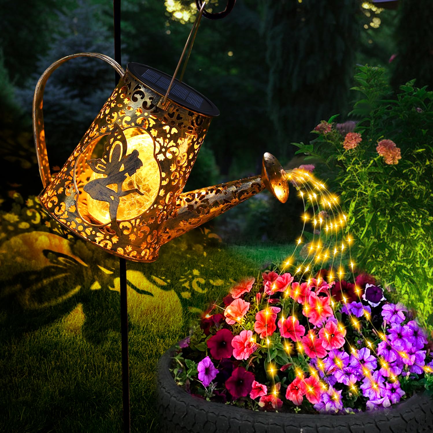 YJFWAL Solar Watering Can Lights, Waterproof Metal Fairy Lantern, Warm White, Fairy-1pack, Model YJ-01 for Outdoor Garden Decor