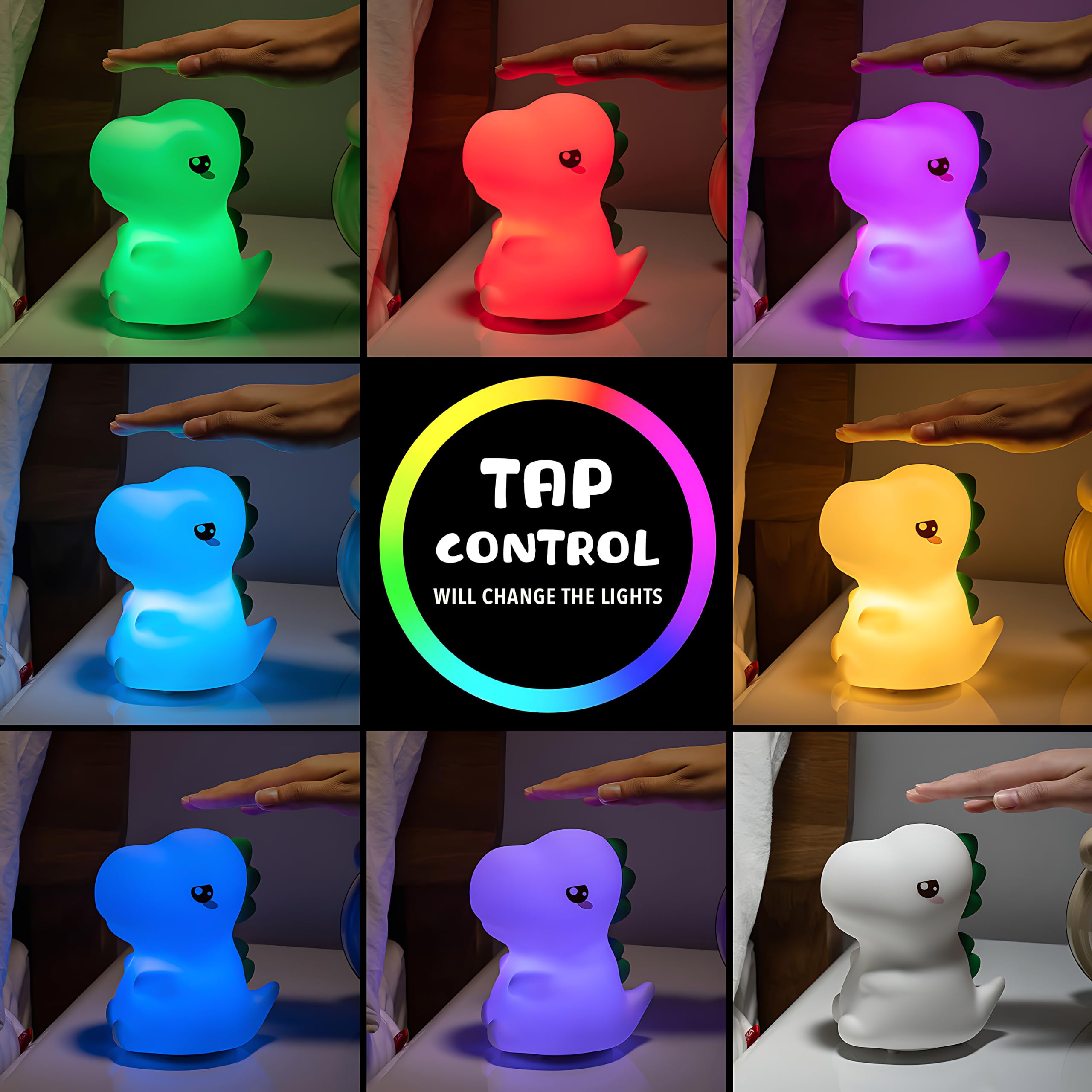 Pokanic Kids LED Night Light - Rechargeable Portable Silicone Lamp, Multi Color Dinosaur Decor for Bedroom and Living Room
