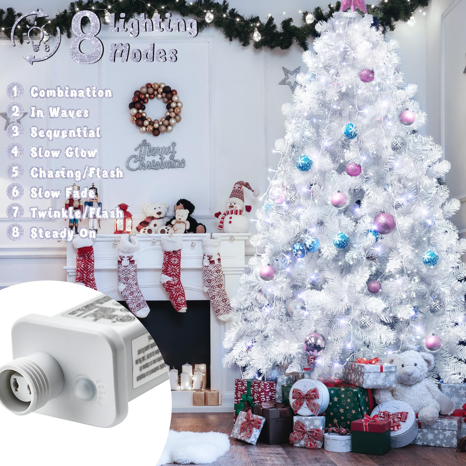 BOLWEO 400 LED White Christmas Tree Lights, 16 Lines, 8 Modes, 6ft-7ft, Cool White, UL Certified Indoor Outdoor Holiday Decor
