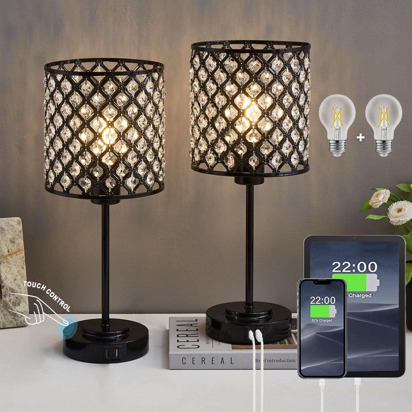 RAYINIGHT Touch Control Crystal Table Lamp Set of 2 with USB Ports, 3-Way Dimmable, Black