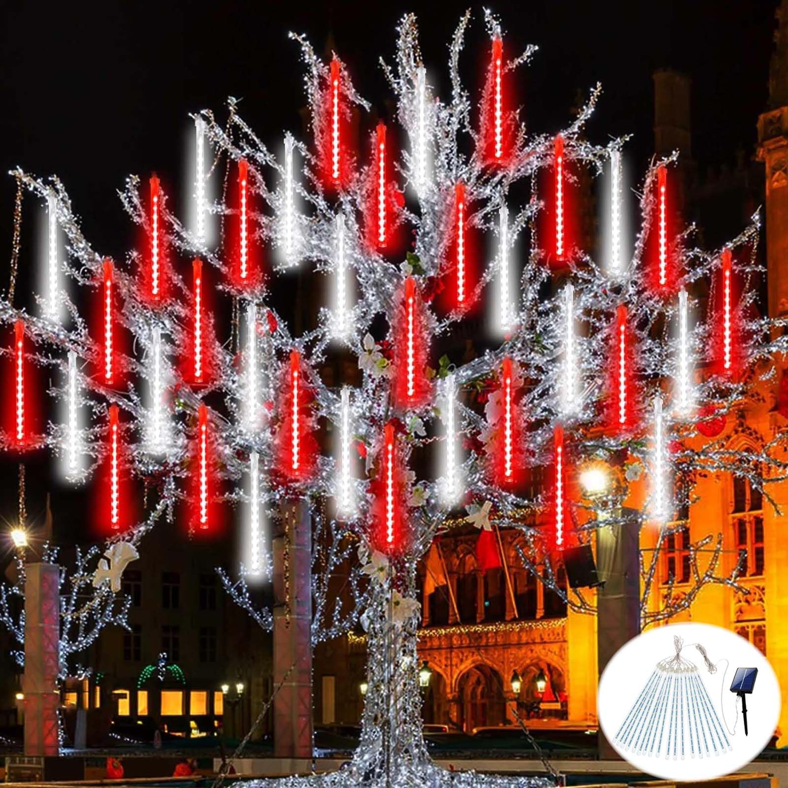 EXF Solar Meteor Shower Lights, 384LED Icicle String Light, 1 Pack Solar Powered, Waterproof, Red and White, Model MSL-01