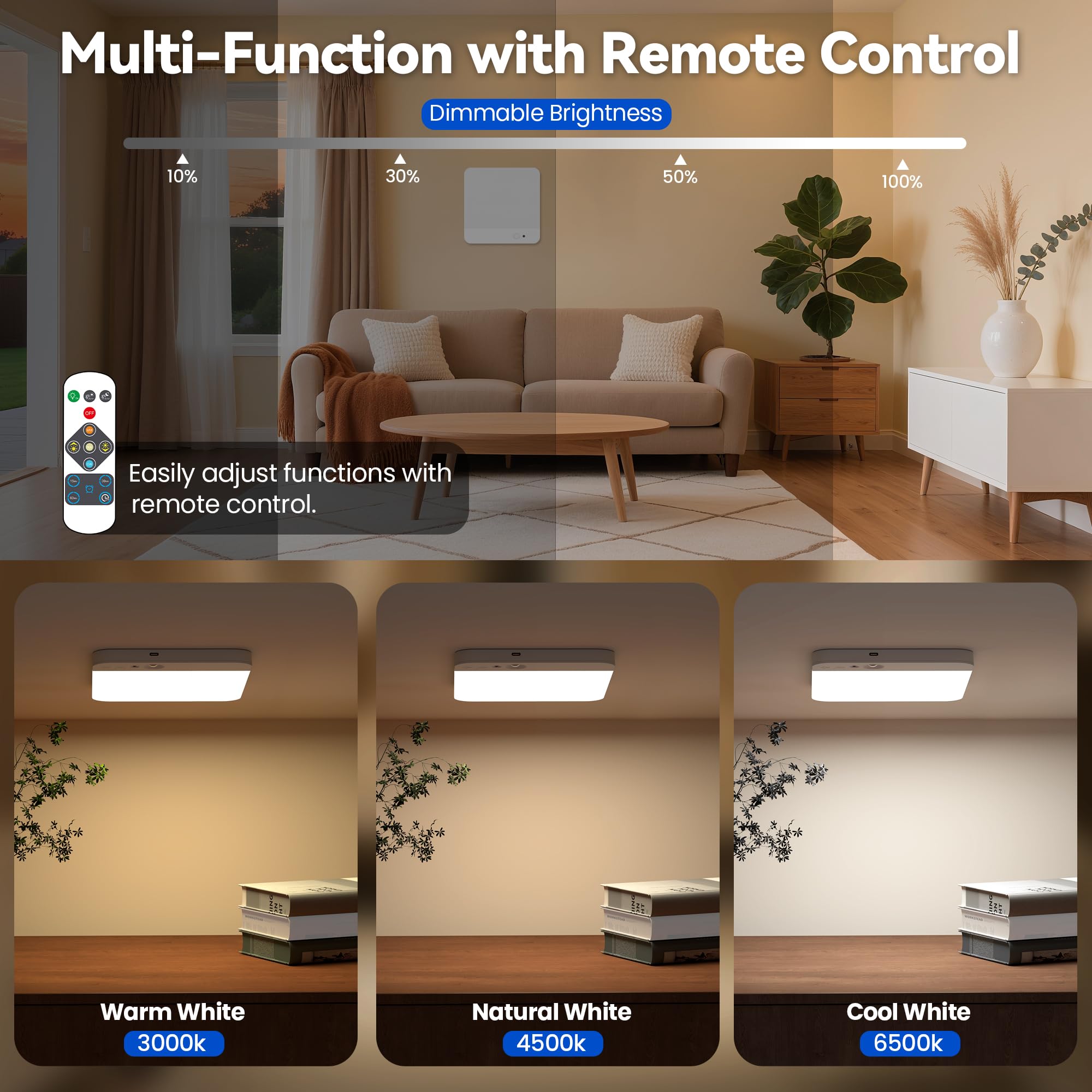 KINDEEP Motion Sensor Ceiling Light, Battery Operated, Dimmable, 3 Color Temperatures, White Shade, 2 Pack, Model CLF00208USB-C