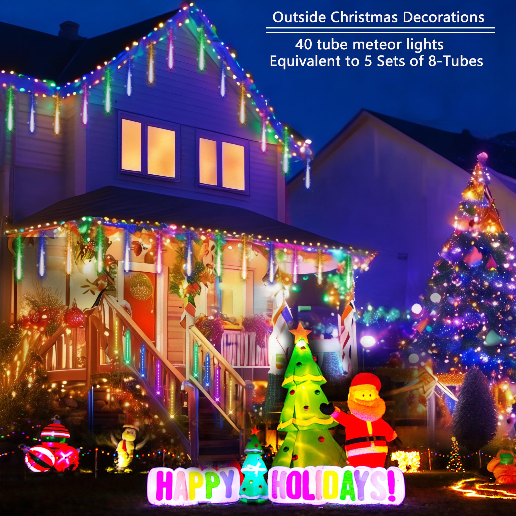 Purtuemy Meteor Shower Lights Outdoor: 40 Tube(Equivalent To 5 Sets Of 8-Tubes) Christmas Lights - Waterproof Christmas Halloween Decorations For Yard Outside Tree Roof  Multicolor
