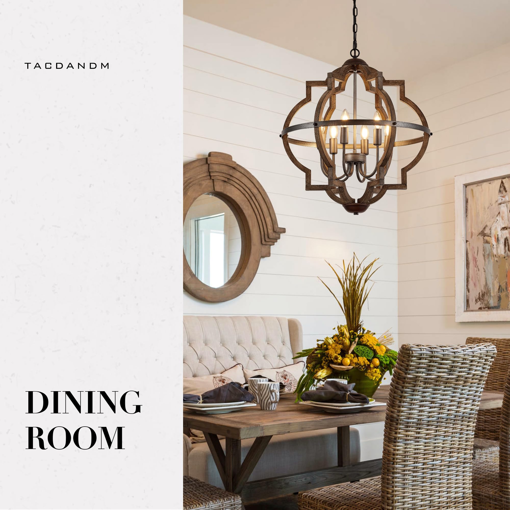 TACDANDM 6-Light Wood Farmhouse Chandelier, 23'' Vintage Rustic Pendant Light, Walnut Finish for Dining Room, Foyer, Kitchen