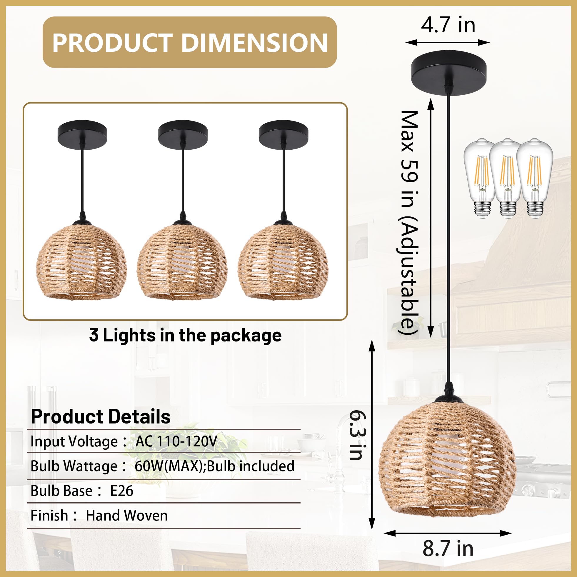 Ayshwilldec 3-Pack Woven Pendant Light, Boho Chandelier, Hemp Rope, Rustic For Dining Room & Kitchen