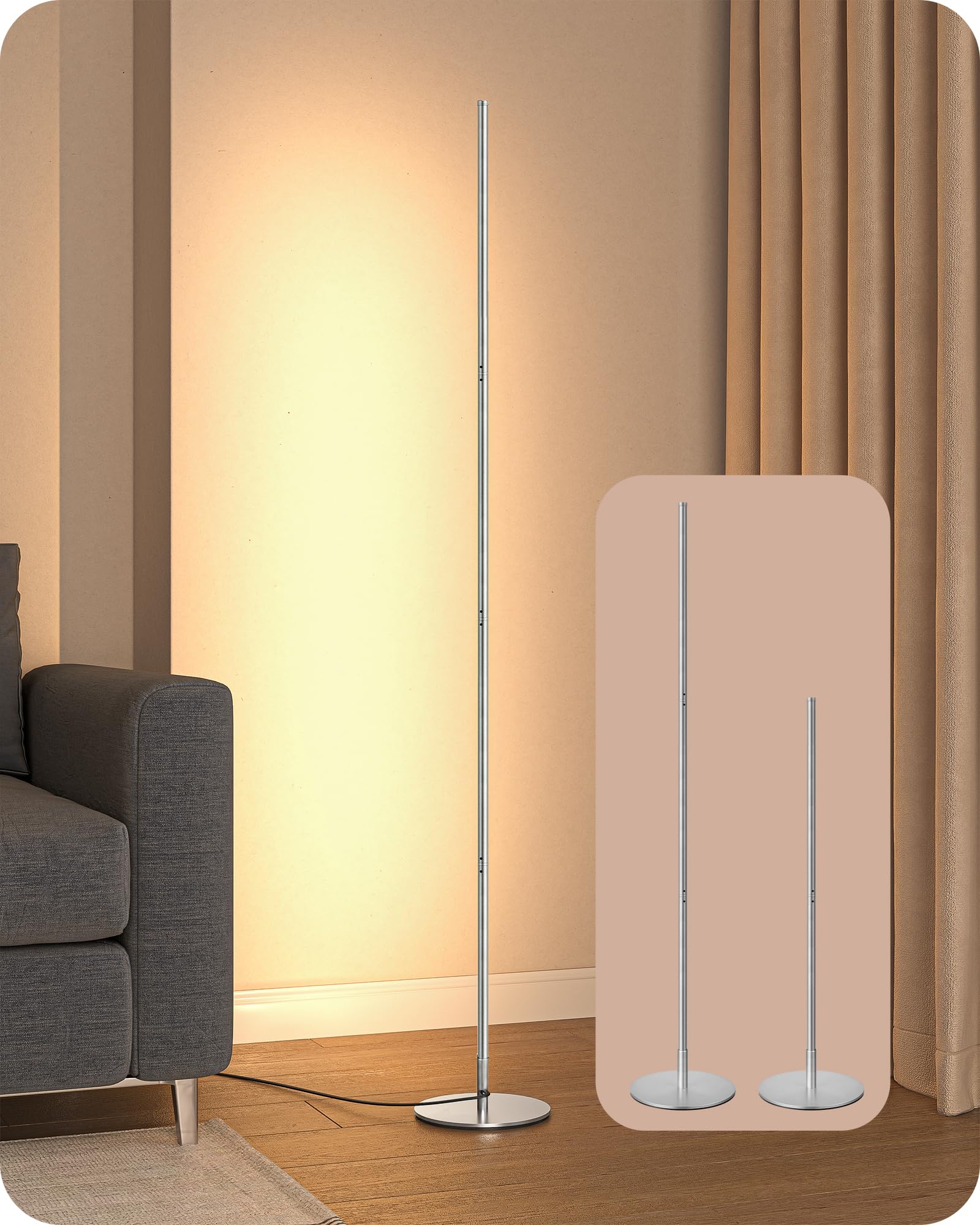 Edishine Led Corner Floor Lamp - Dimmable, Adjustable Height, 3000K Warm White Light, Silver