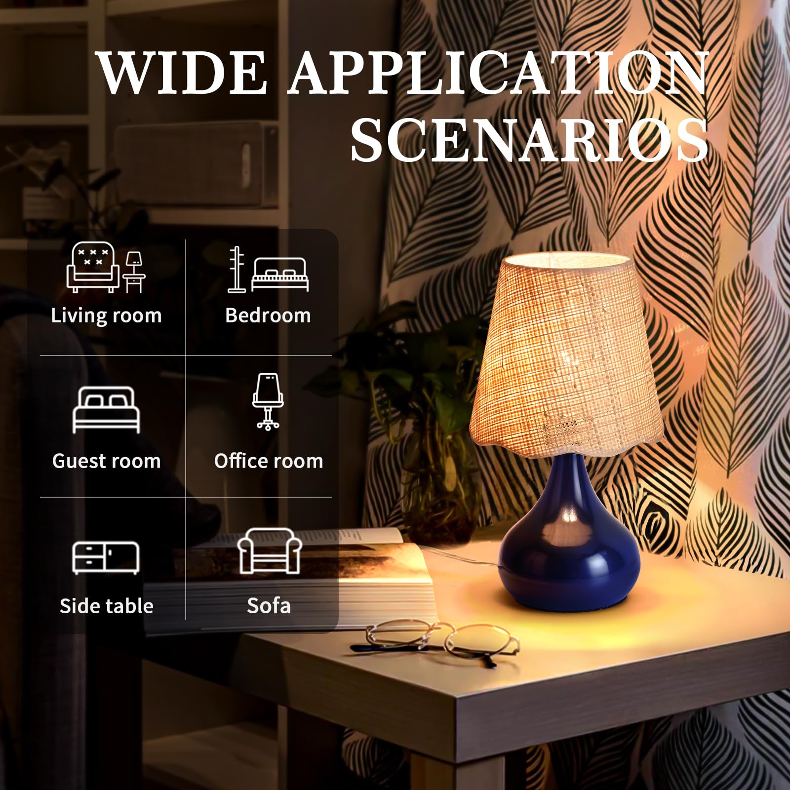 Ziqqeelam Navy Blue Small Bedside Mini Table Lamp For Bedroom, Small Bedroom Lamps For Nightstand, Small Rattan Shade Table Lamp