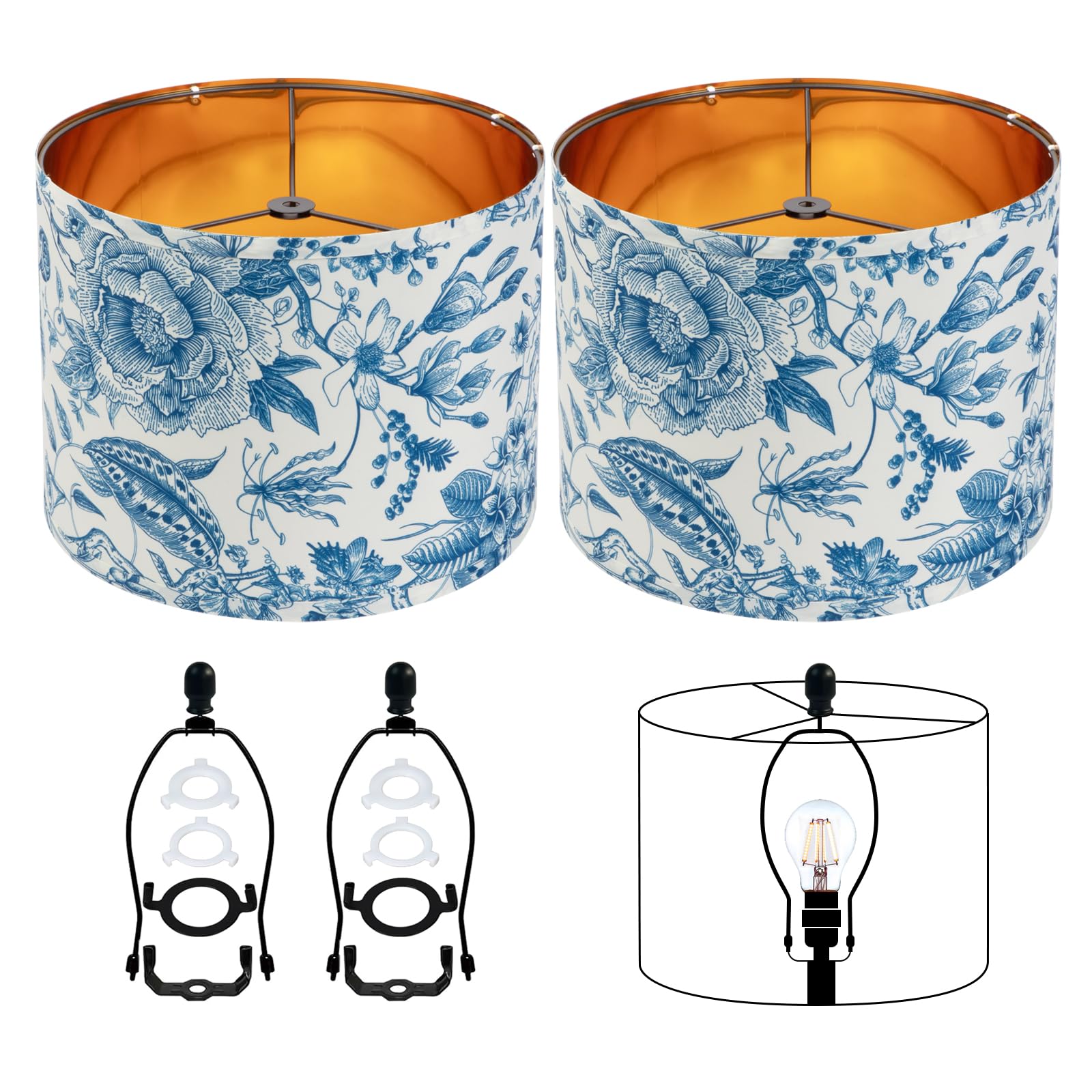 JNIBOAO Replacement Lamp Shades Set of 2-12 Inch Drum Blue White Floral Pattern Lamp Shades for Table/Floor/Wall Lights  Medium Gold Frame with Harp Holder  Easy Assembly