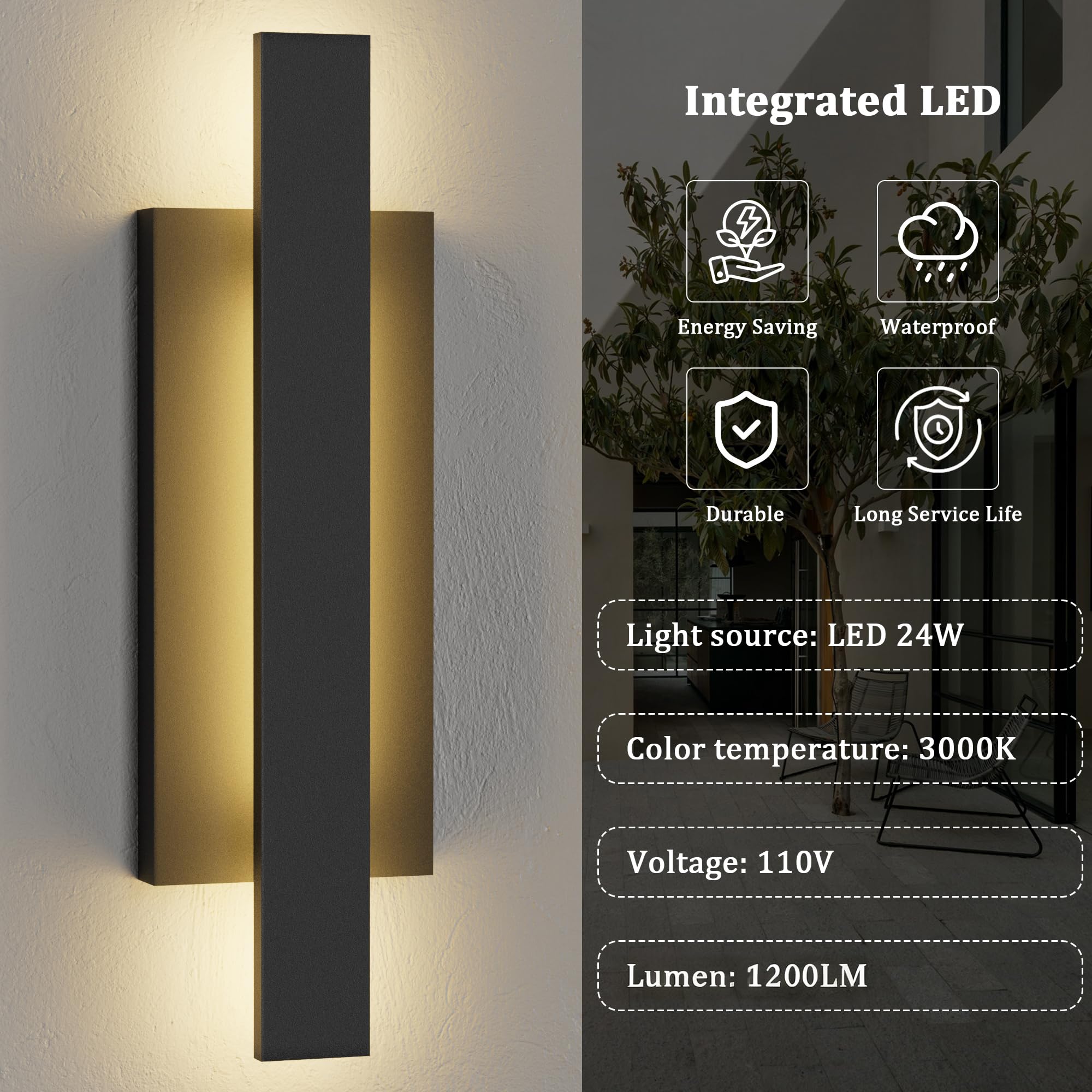 Lamqee 23 Inch Aluminum Long Outdoor Wall Lights  3000K 1200Lm 24W Led Modern Exterior Lighting Fixtures  Ip65 Waterproof Matte Black Linear Outside Sconce Wall Mount For House Porch Patio Garage Door