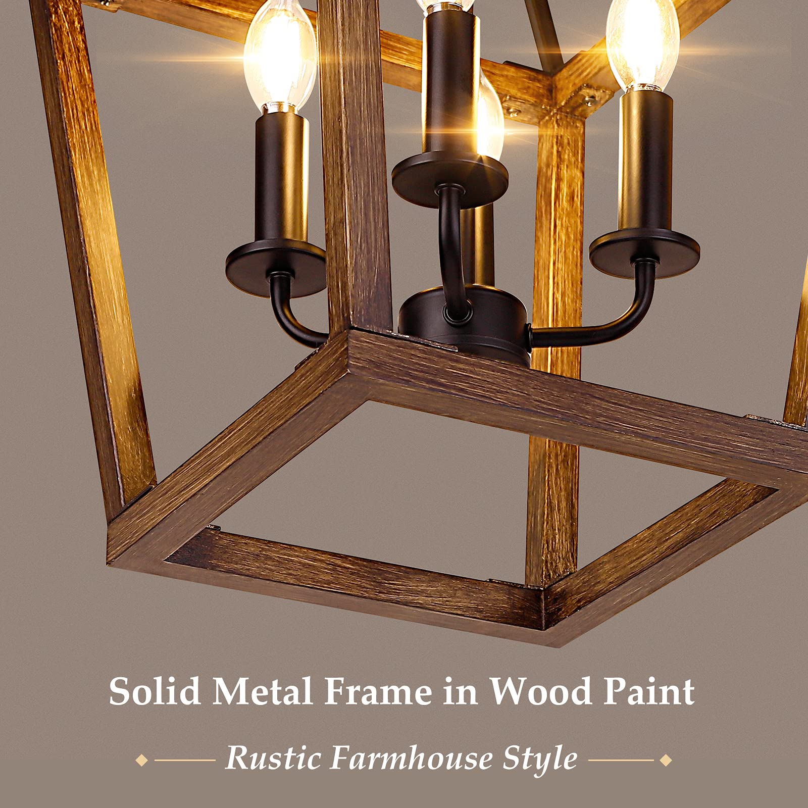 BrightHome Farmhouse Chandelier, 4-Light Pendant Ceiling Light, Height Adjustable, Wood Finish, Metal, Model D3560-04-WDBK