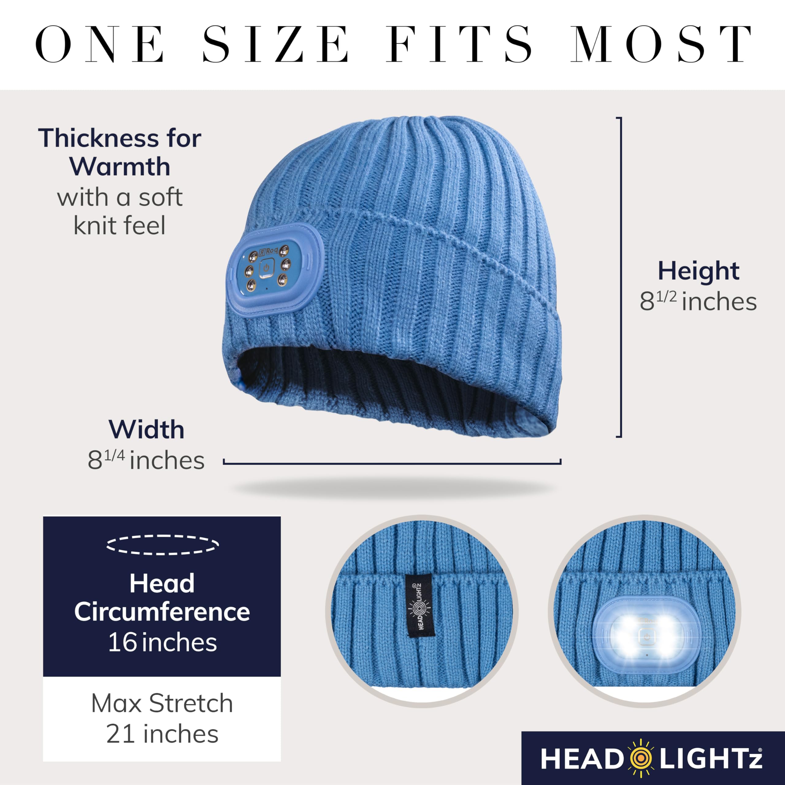 HEAD LIGHTZ LED Beanie Hat - Rechargeable Unisex Acrylic, Blue-Mono, Model ROQ-BEN-SBL 2023