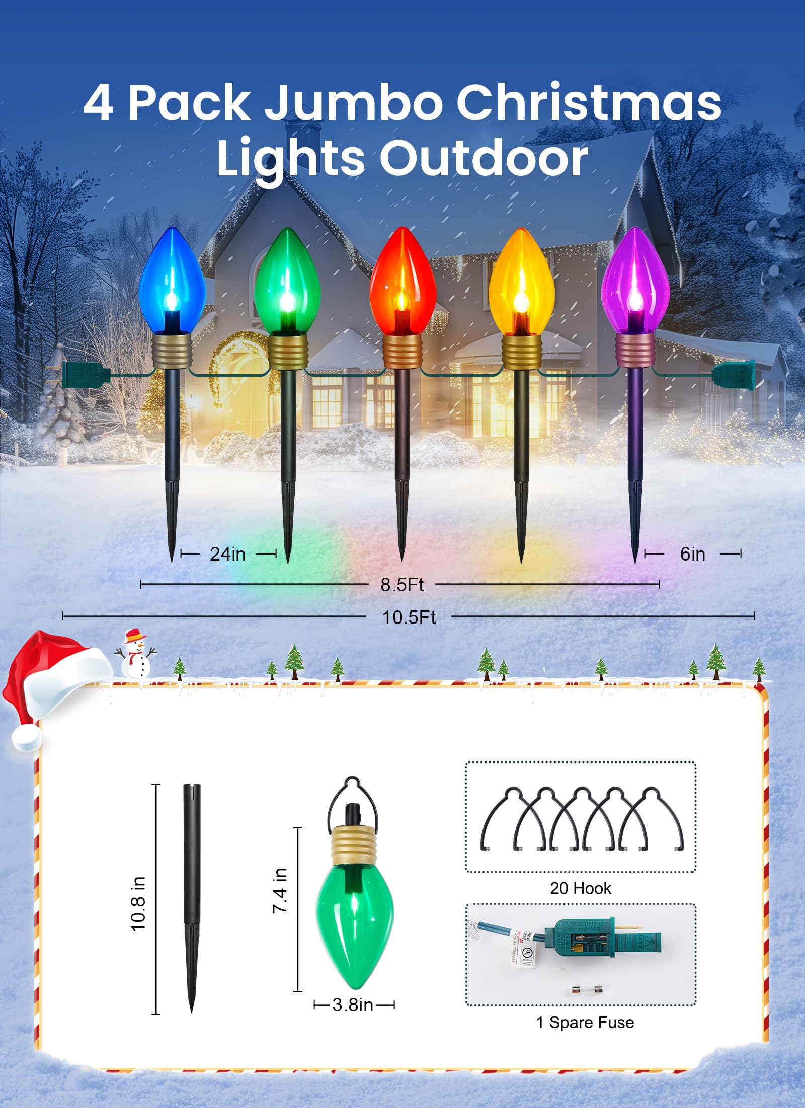 Minetom Christmas Lights Jumbo C9 Outdoor Lawn Decorations, 10.5ft, 4 Pack, Multicolor PVC Bulbs with Pathway Marker Stakes