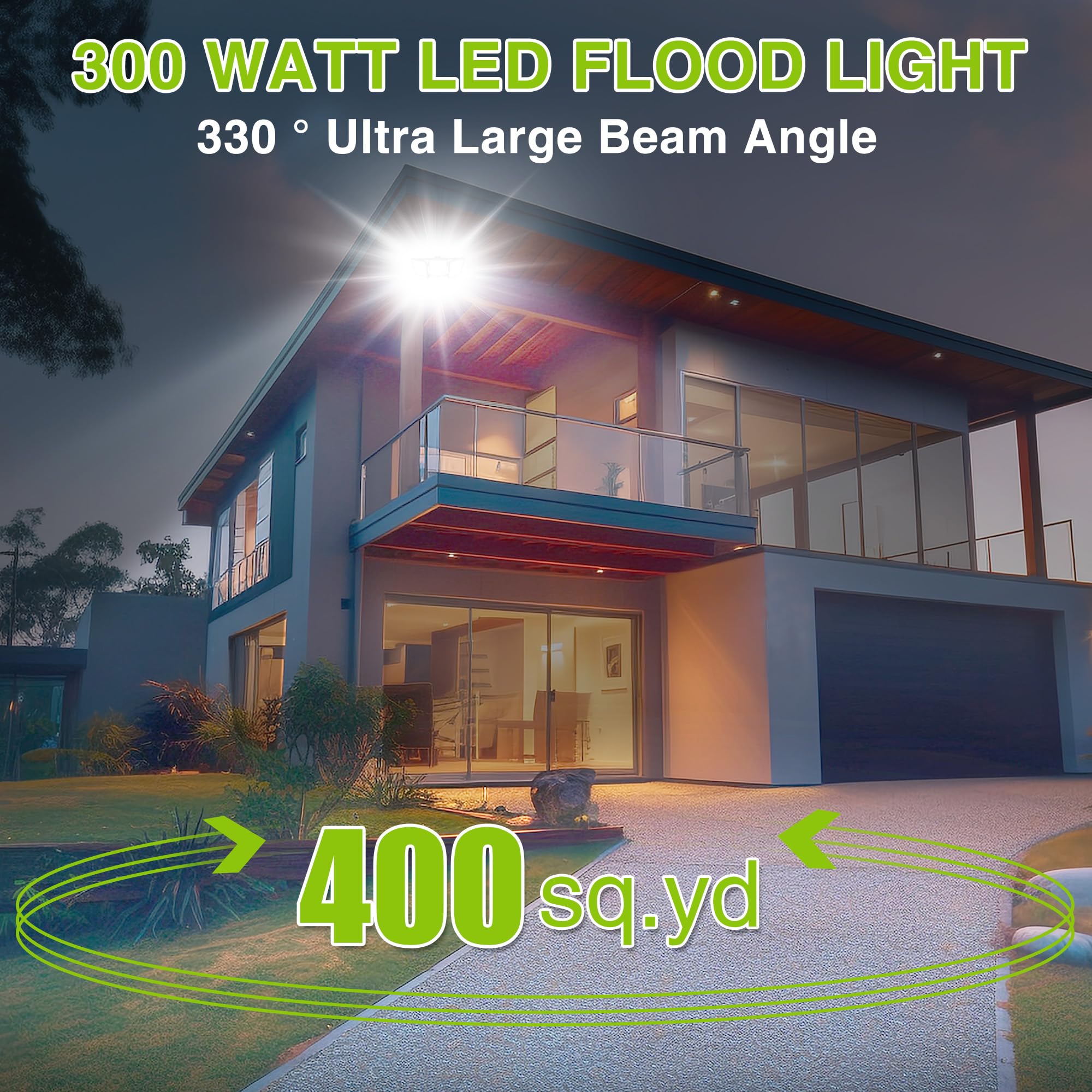 STASUN 300W LED Flood Light - 30000lm, 6000K Daylight, IP66 Waterproof, 3 Heads for Outdoor Security, Model FT5GR, 1 Pack