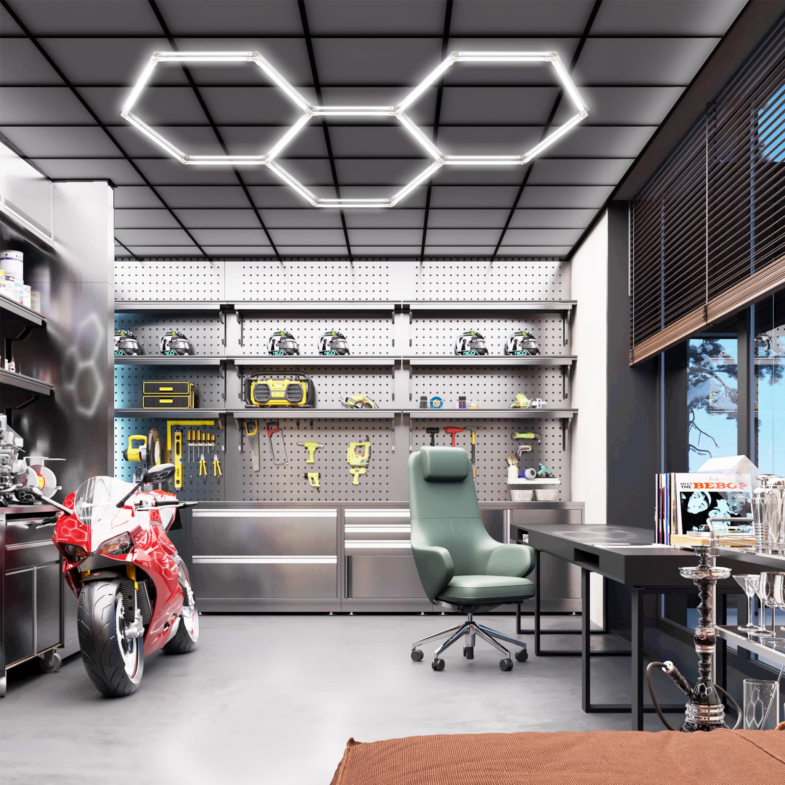 Cdkmax Led Hexagon Garage Light 3.0 Hex Grid Honeycomb Led Shop Light 135W 21400Lm 6500K Hexagon Lighting System Car Detailing S