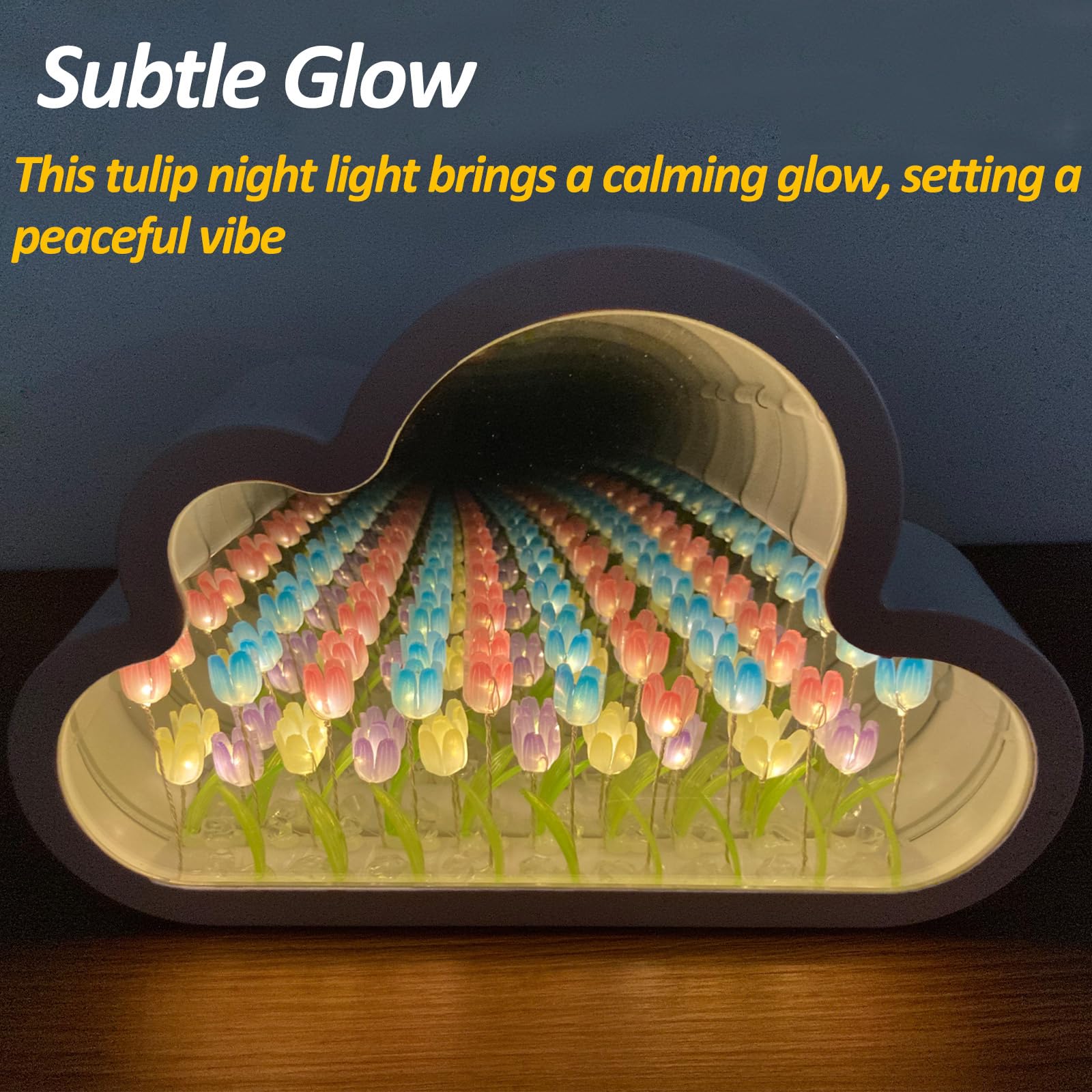 Joezhe Colorful Tulip Night Light Cloud Mirror Light Romantic Night Lamp Bedside Table Lamp Bedroom Desktop Handmade Decor Girls Birthday Christmas Gift - Rainbow